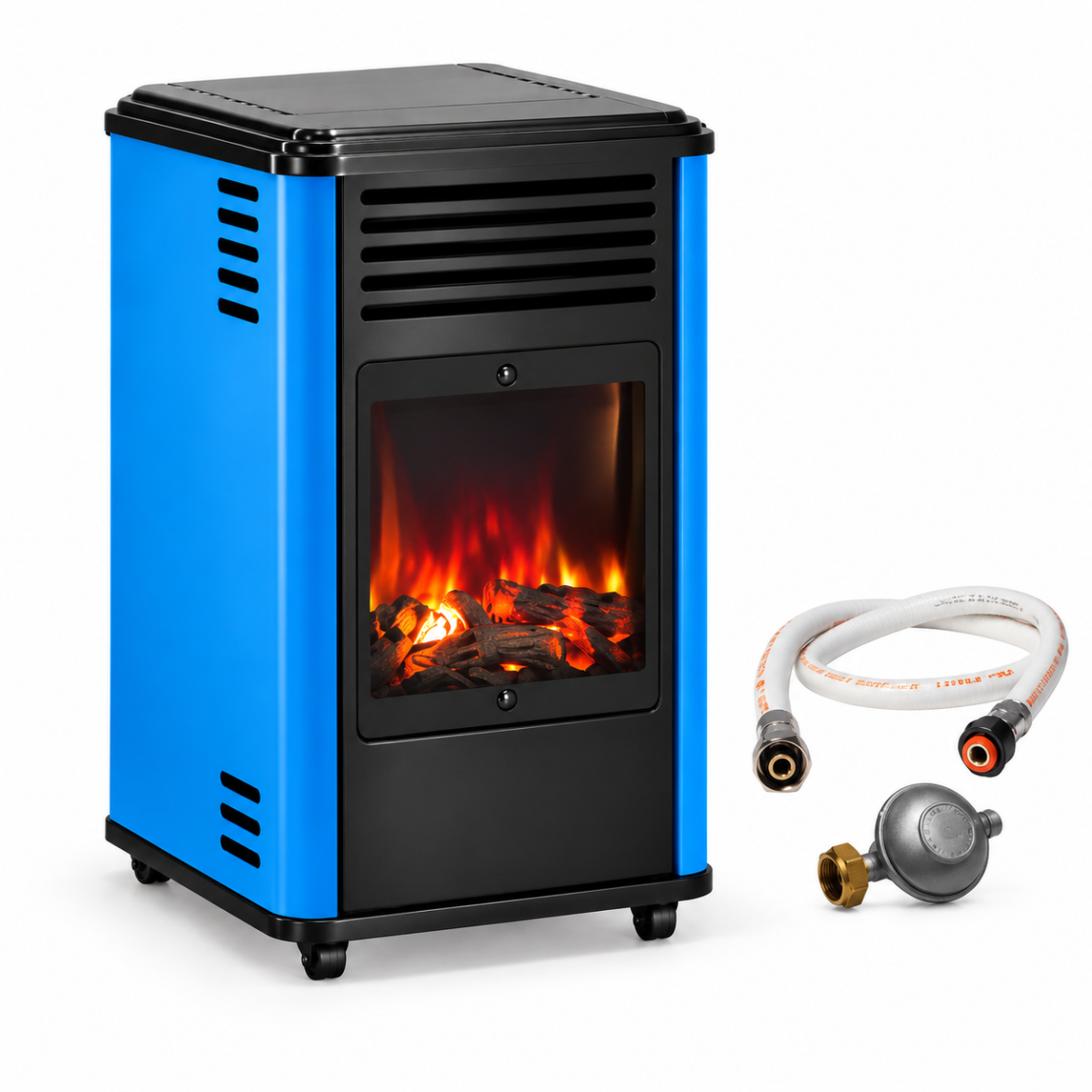SAHARA Chauffage à gaz 3,4KW Bleu Effet feu + Tuyau gaz + Détendeur butane Manhattan Sahara