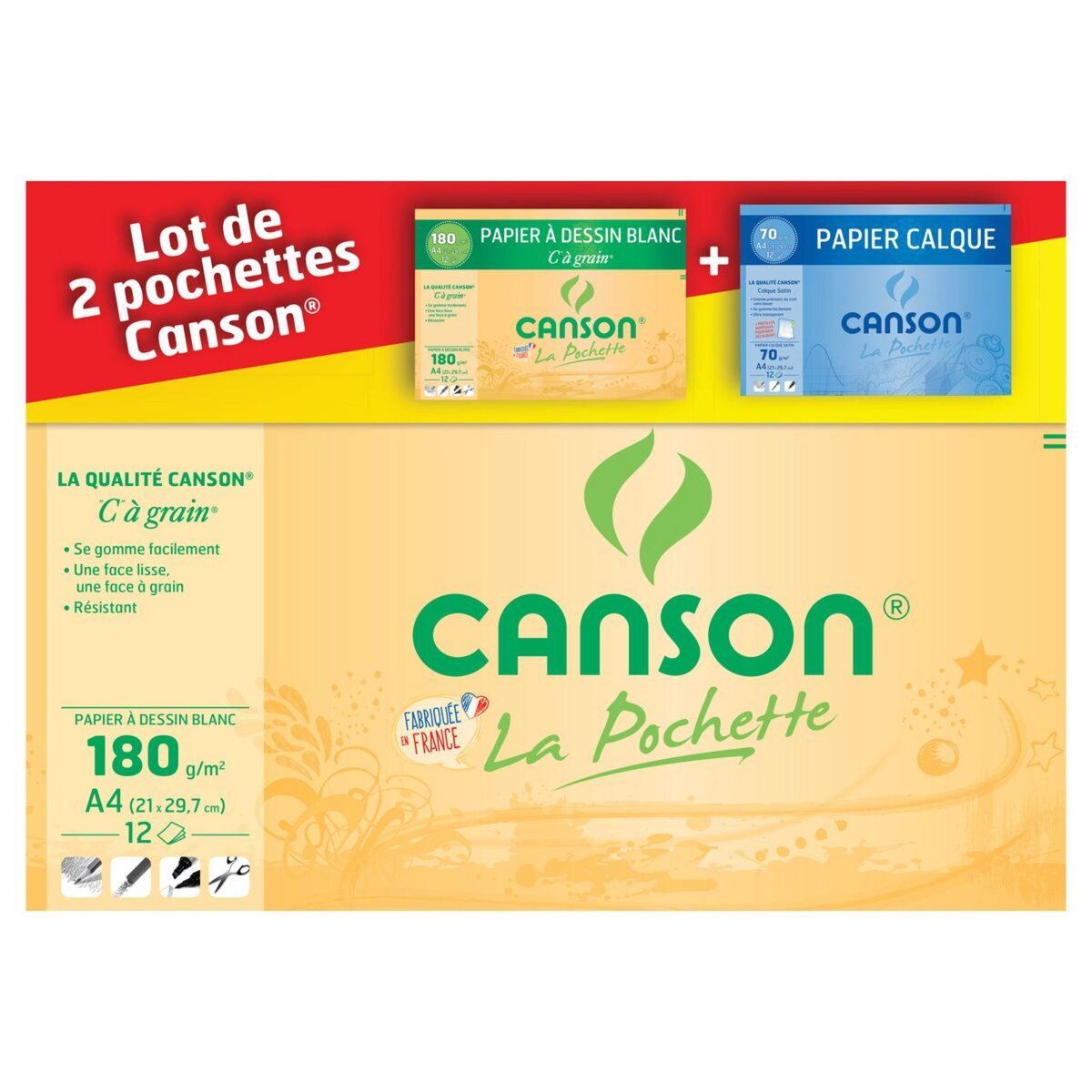 CANSON Lot de 1 pochette papier calque 12 feuilles A4 70g/m² + 1 pochette à dessin 12 feuilles A4 180g/m²