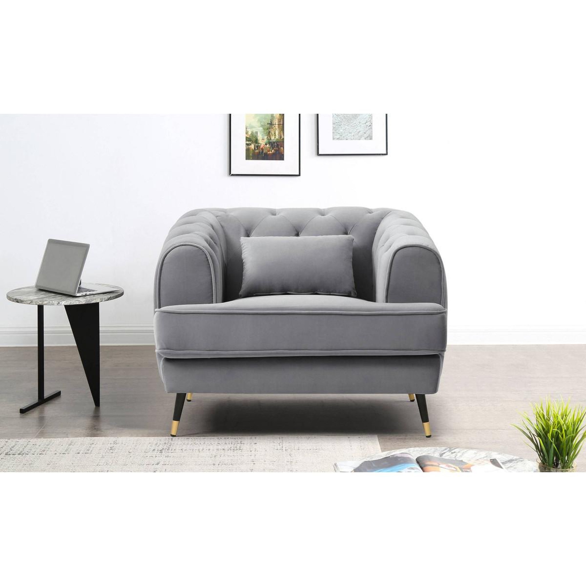 Voir la diapositive 4 : Paris Prix Fauteuil capitonné en velours  glamour  93cm gris