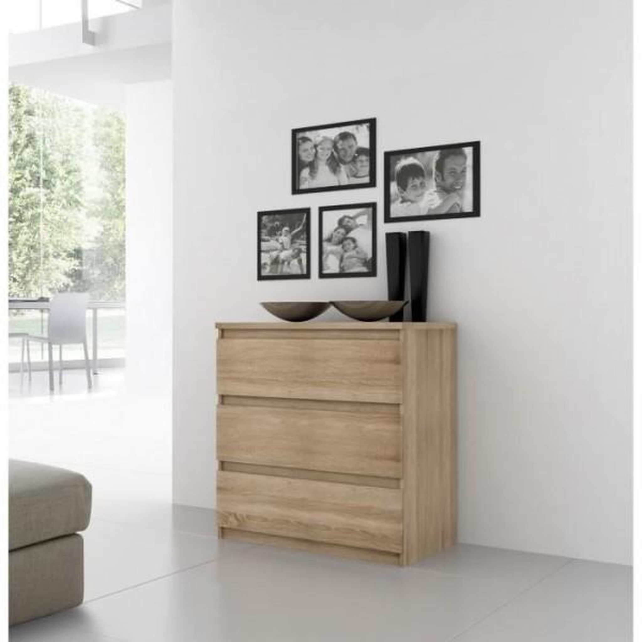 Voir la diapositive 2 : MARKET24 Commode CHELSEA 3 Tiroirs - Couleur chene - L 77,2 x P 42 x H 79,9 cm