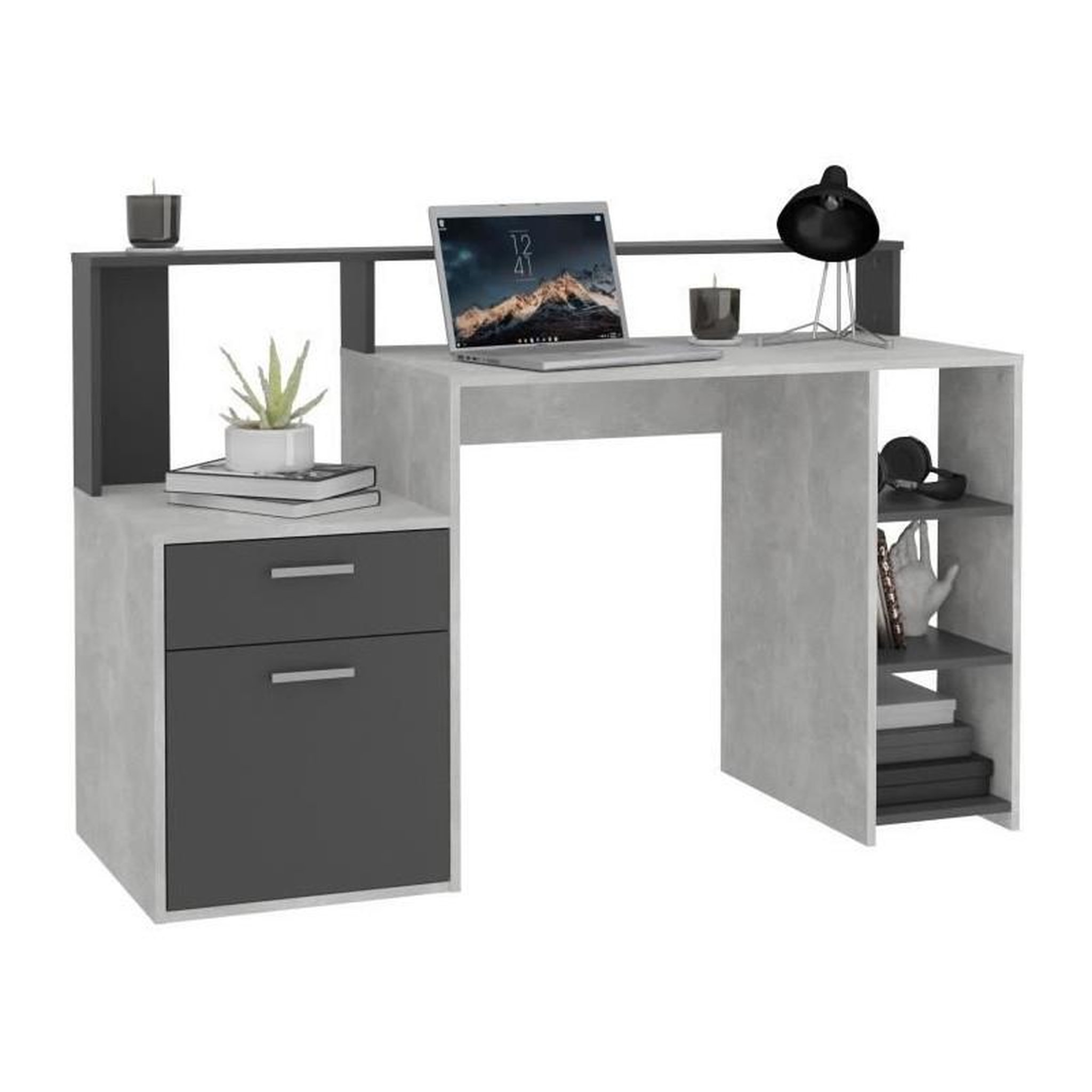Voir la diapositive 4 : FMD Bureau avec réhausse et rangements BOLTON - Mélamine gris béton/antracite - L138,5 x H91,6 x P53,5 cm