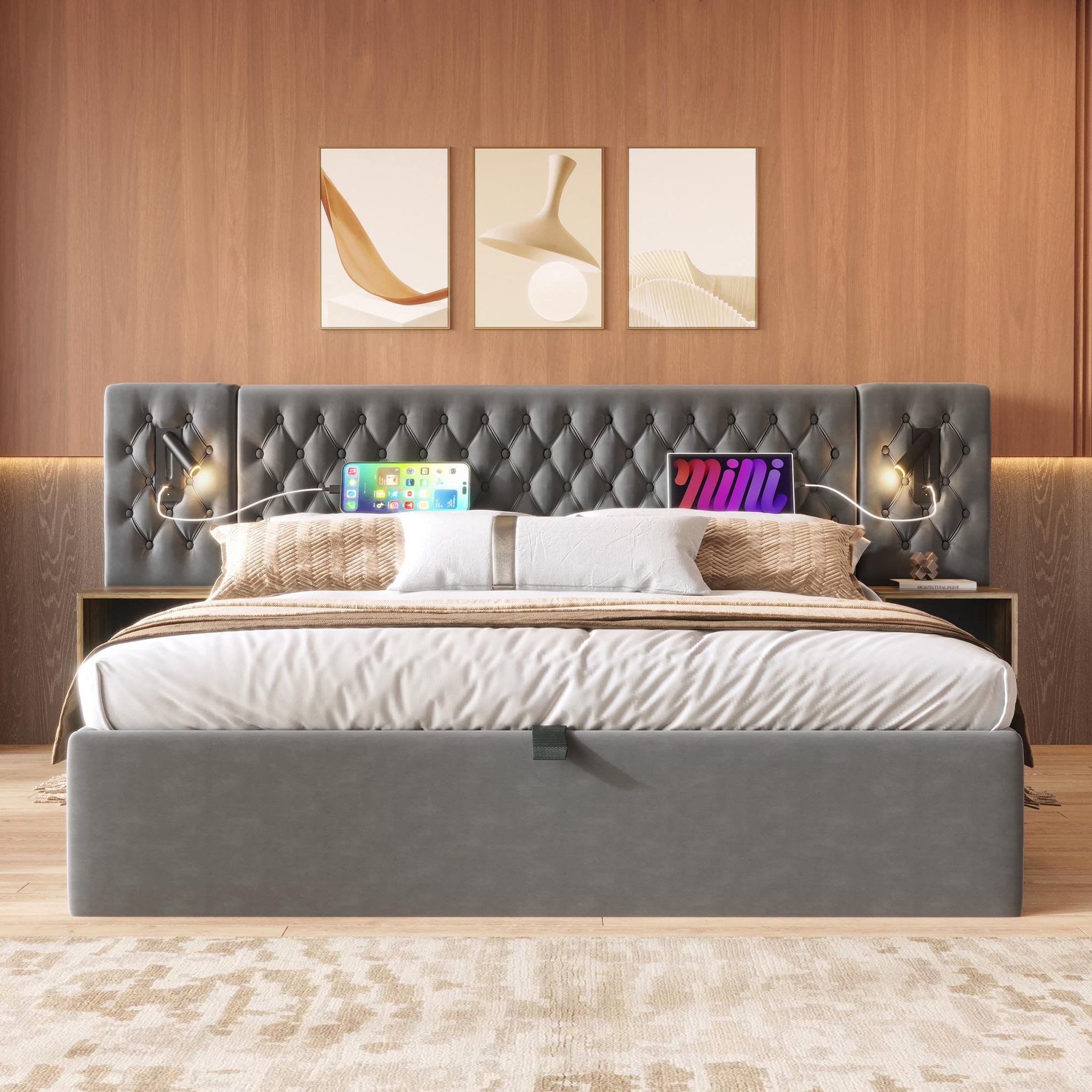 Voir la diapositive 4 : MERAX Lit coffre velours avec 2 chevets, liseuses led usb et tête de lit