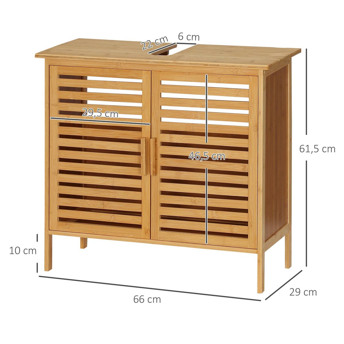 KLEANKIN Meuble sous-vasque 2 portes à lattes - dim. 66L x 29l x 61,5H cm - bois de bambou verni