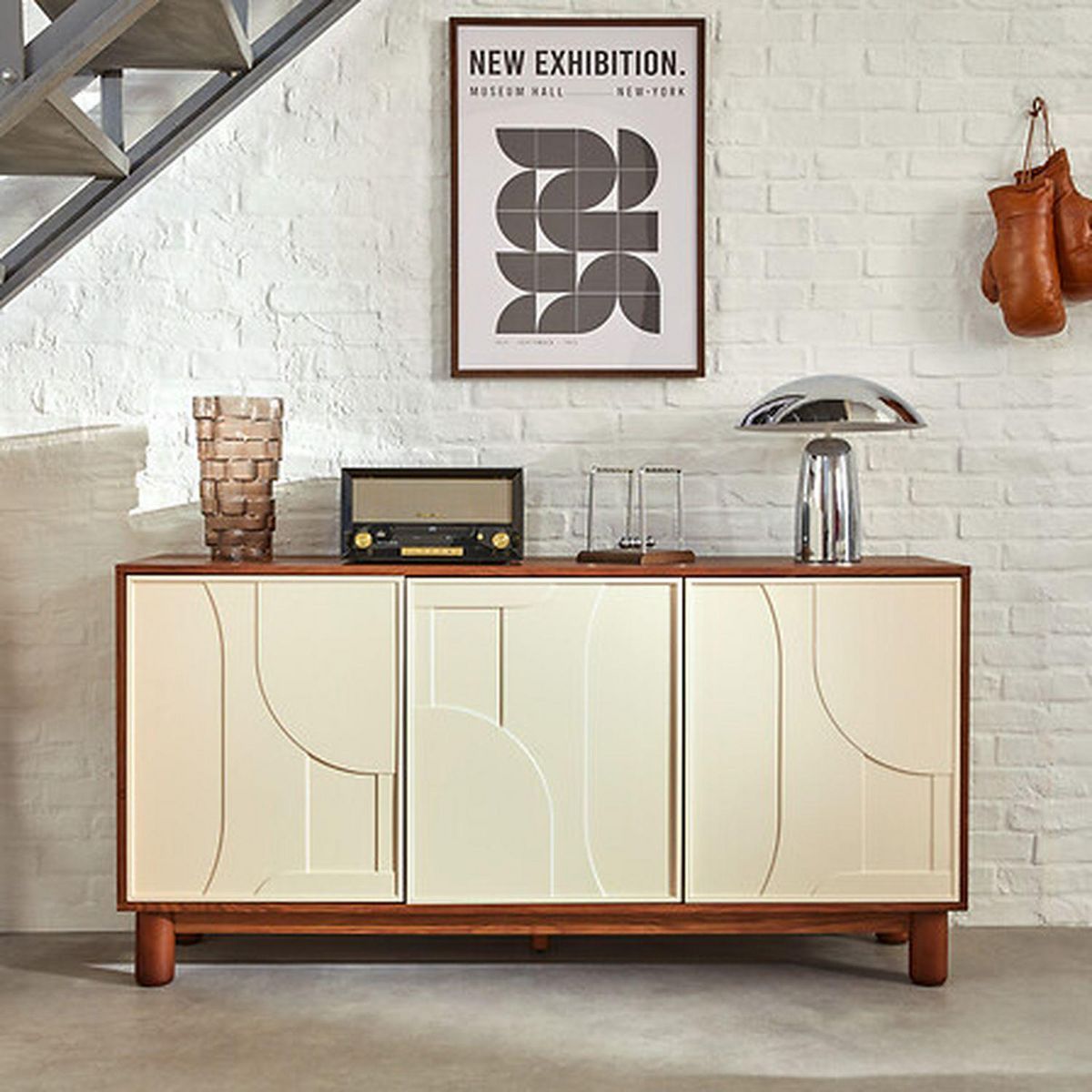 ATMOSPHERA Buffet 3 portes design en relief JILANI - Marron et beige
