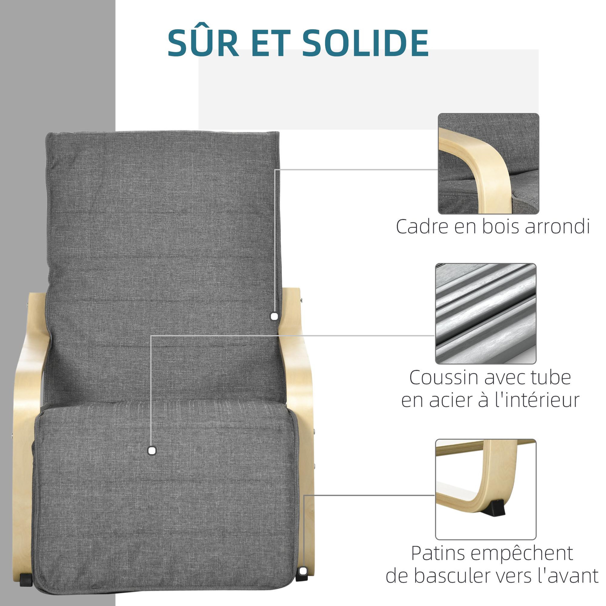Voir la diapositive 6 : HOMCOM Fauteuil style nordique - repose-pied réglable - déhoussable - bois de bouleau tissu gris