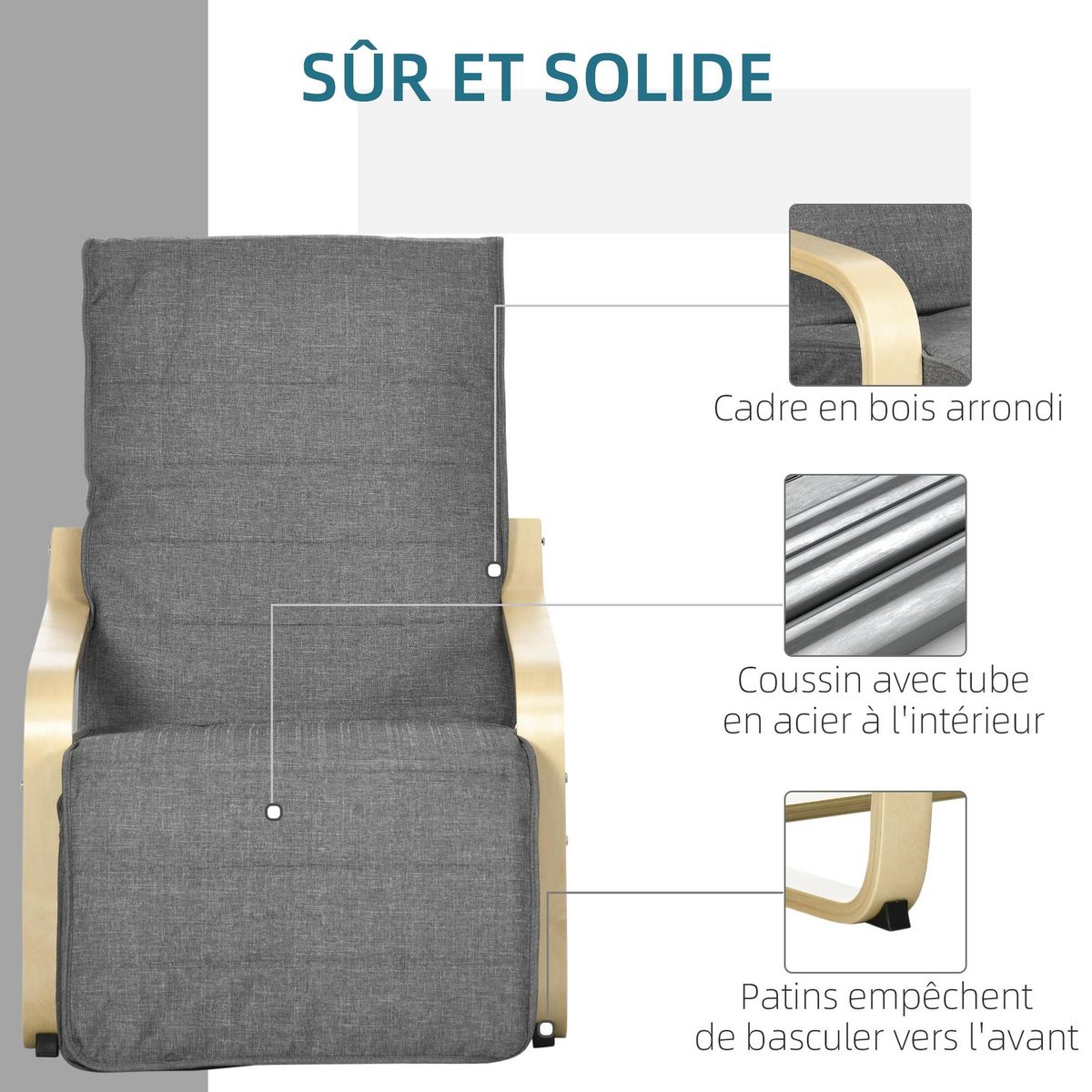 HOMCOM Fauteuil style nordique - repose-pied réglable - déhoussable - bois de bouleau tissu gris