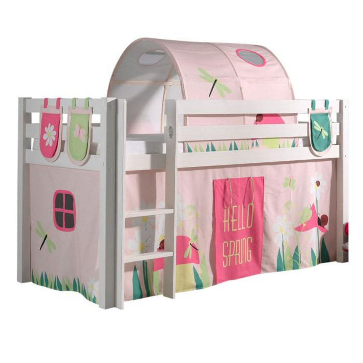 Paris Prix Pack - Lit Enfant Surélevé, Tente, 3 Pochettes & Tunnel  Pino Spring  Blanc