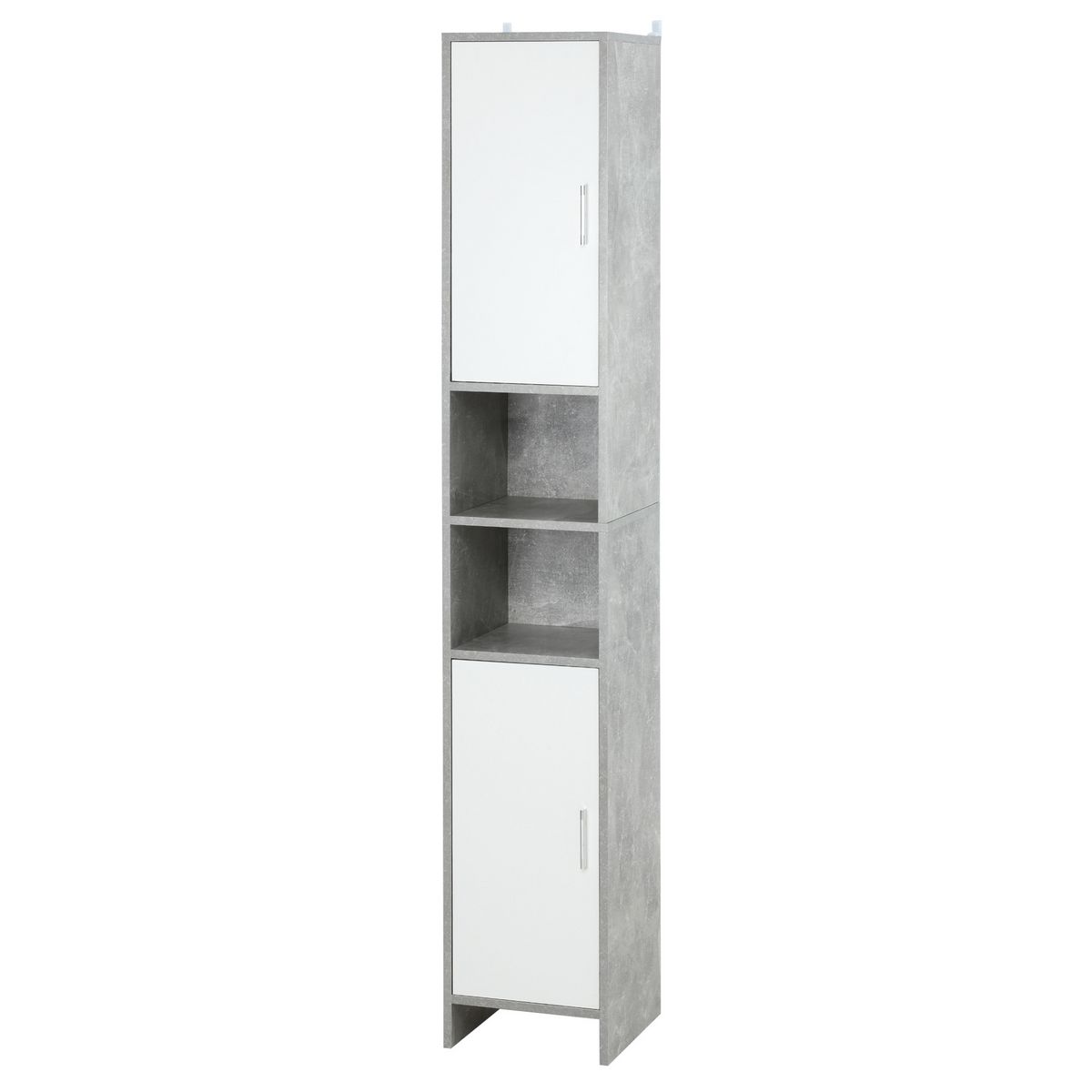KLEANKIN Meuble colonne rangement salle de bain dim. 30L x 30l x 180H cm 2 placards avec étagère + 2 niches panneaux particules aspect ciment blanc