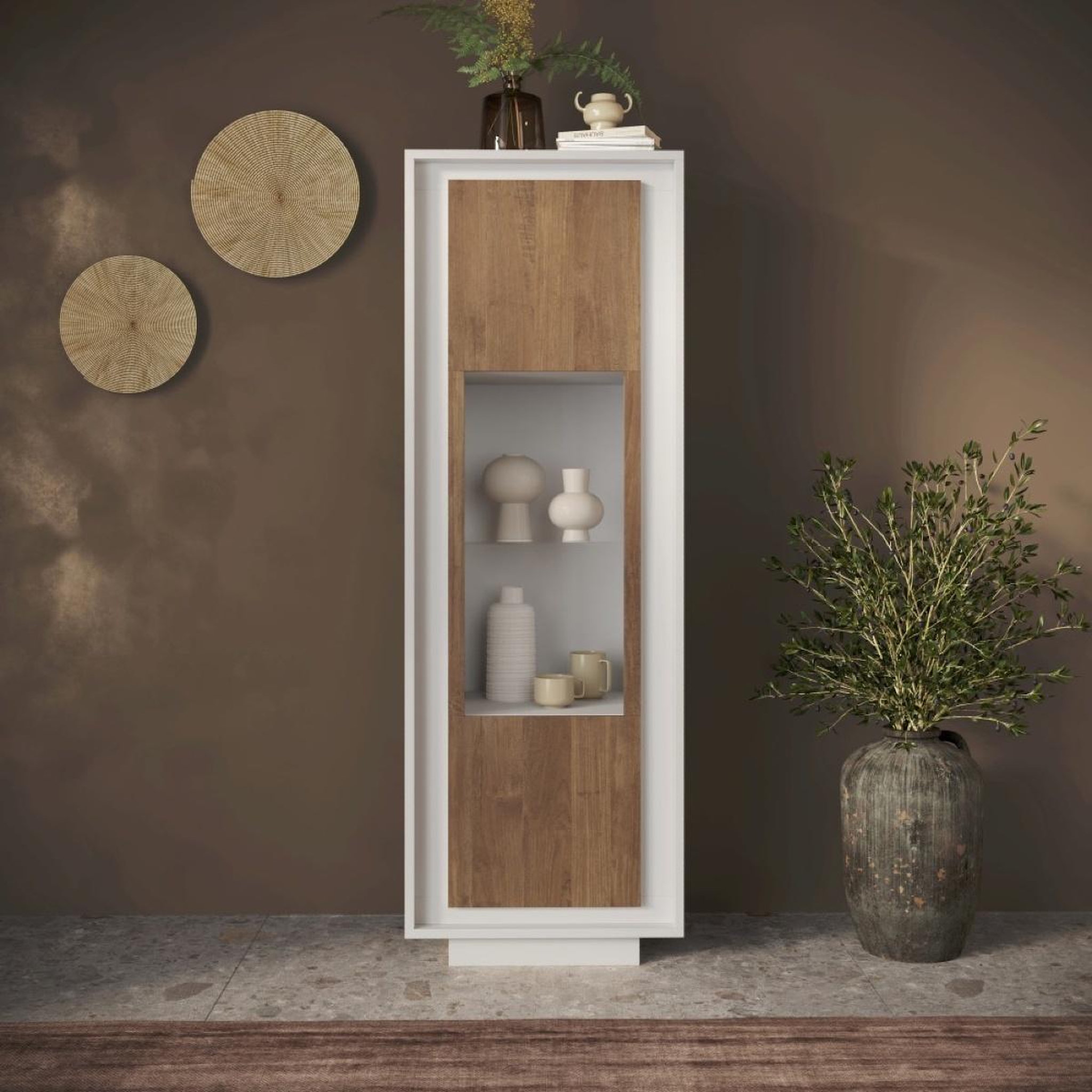 Voir la diapositive 2 : JLC KREATION Vitrine 1 porte salle à manger blanc et noyer YORI