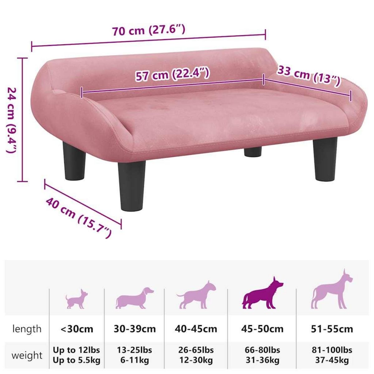 VIDAXL Lit pour chien rose 70x40x24 cm velours