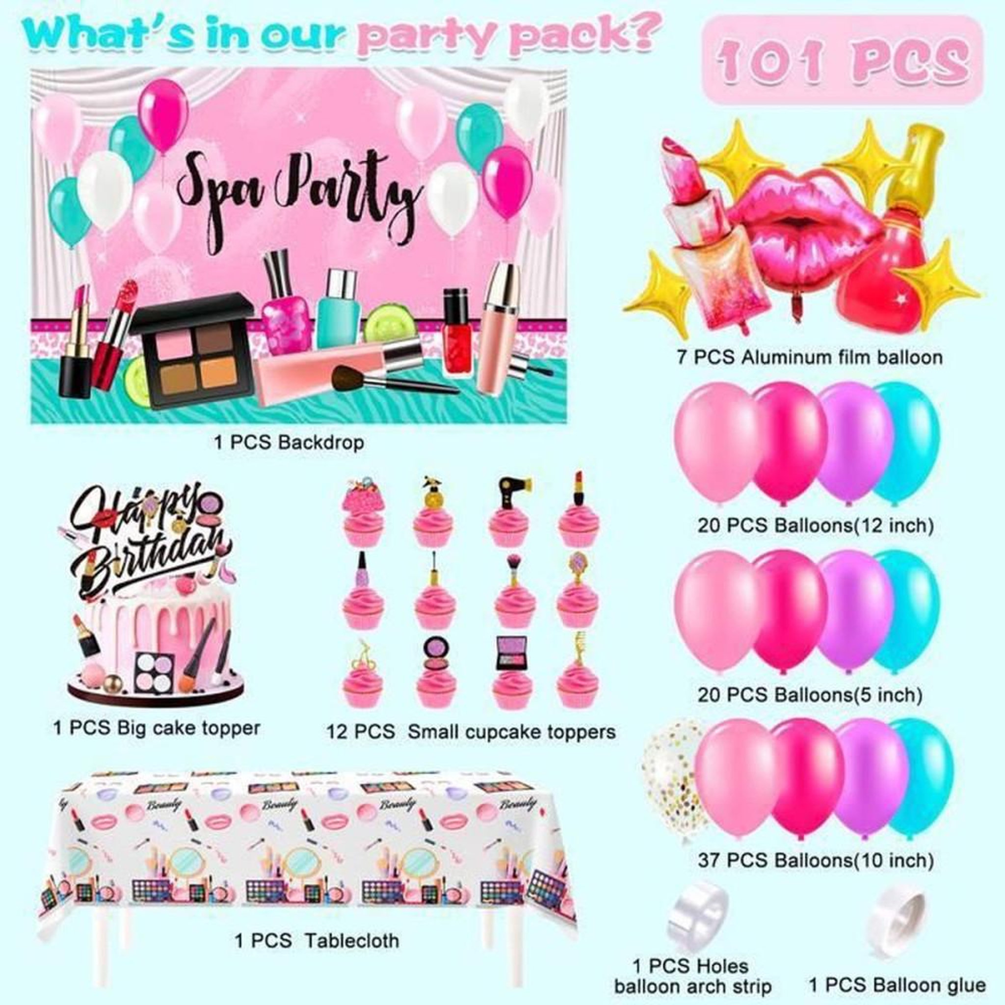 Voir la diapositive 2 : Set ballons déco thème Spa Party avec lettres et icônes maquillage multicolores rose, turquoise, violet, blanc, doré, rouge et magenta, réutilisables