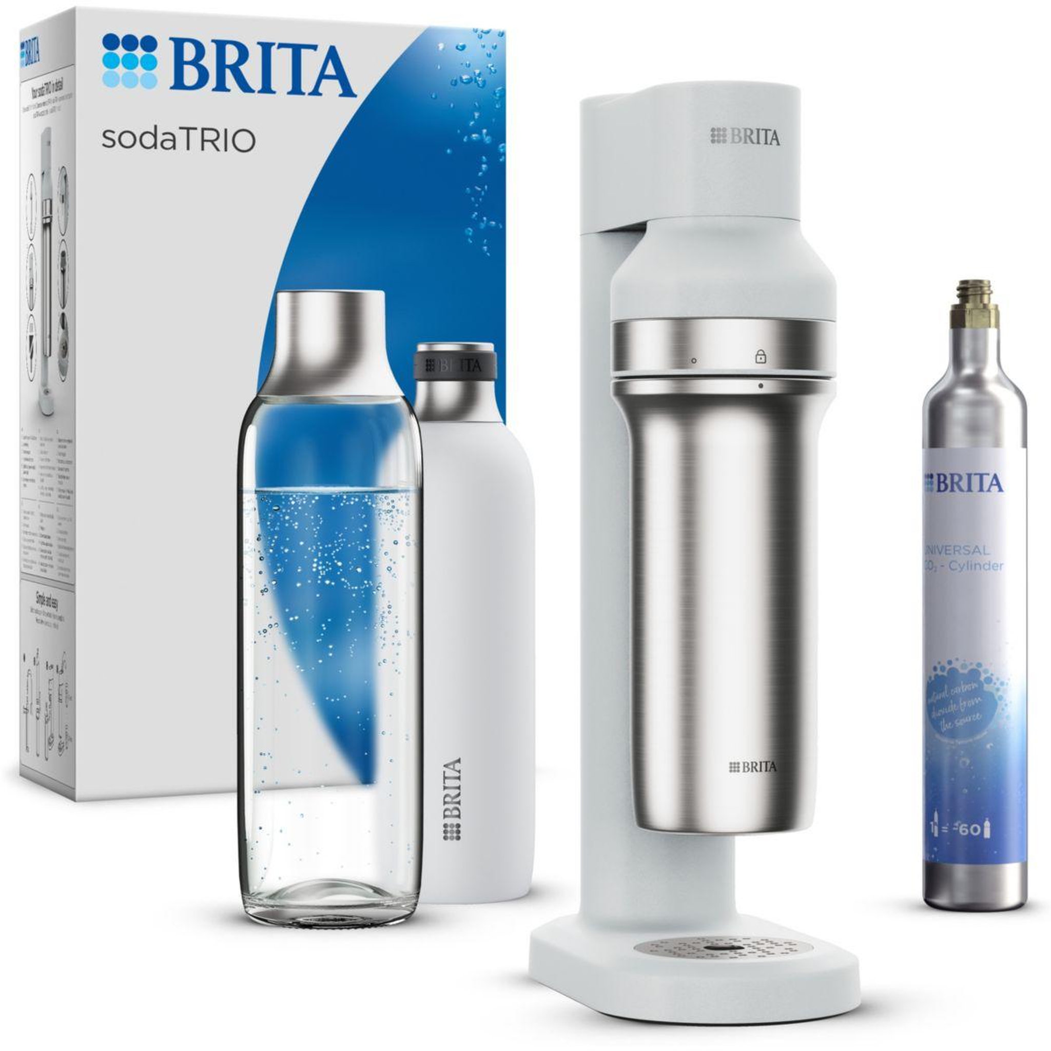 Voir la diapositive 1 : Brita Machine à soda sodaTRIO blanche + 1 cylindre CO+ 1 bouteille verre 1L + 1 bouteille isotherme 0.65L