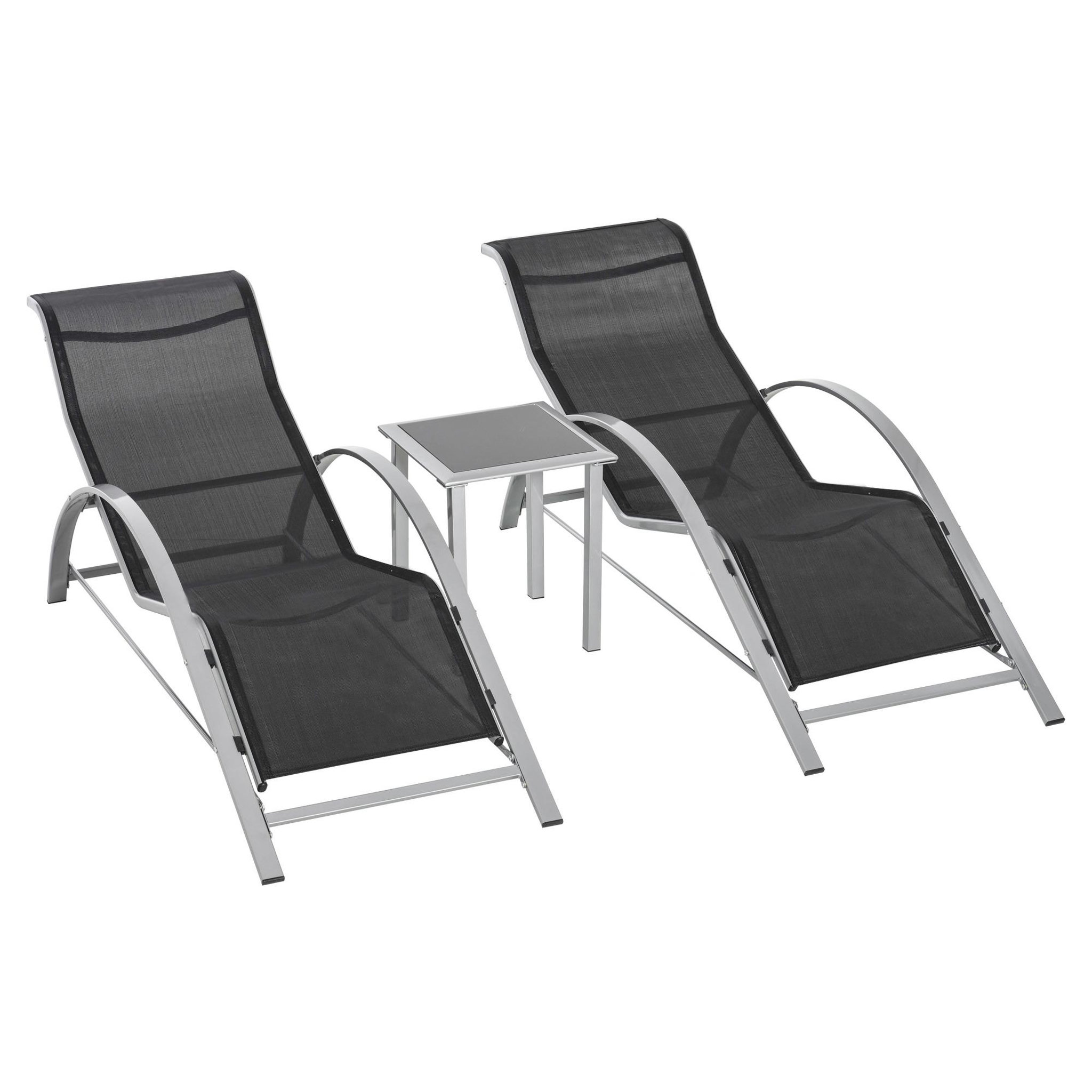 OUTSUNNY Lot de 2 bains de soleil design contemporain table basse plateau verre trempé métal époxy textilène gris foncé