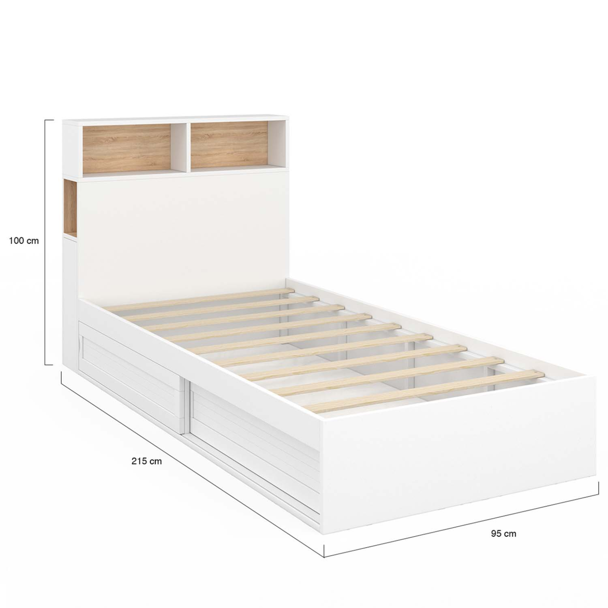 Voir la diapositive 4 : ID MARKET Lit simple clem avec rangement, tête de lit et sommier 90 x 190 cm blanc et hêtre