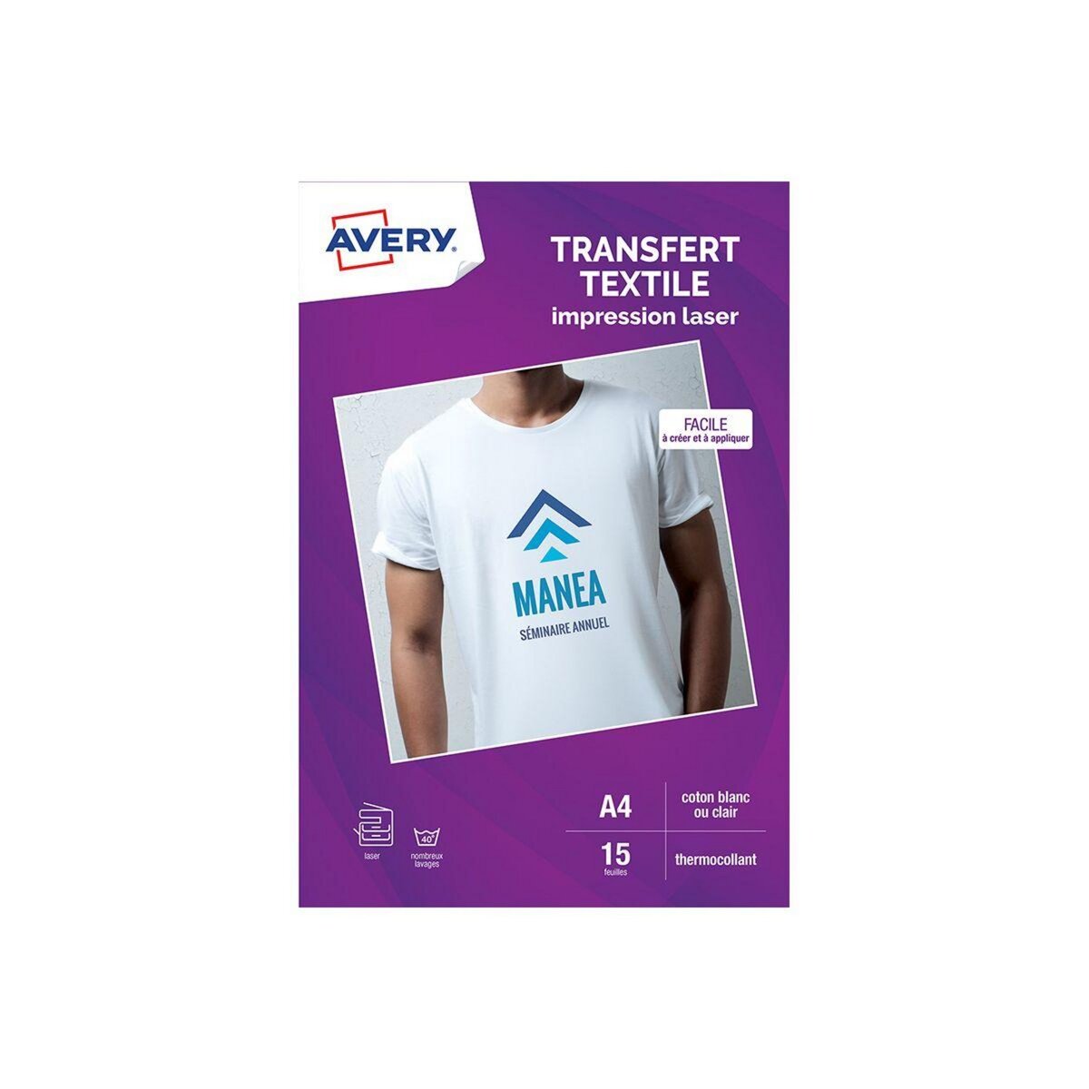 AVERY Papier créatif 15 Transferts T-shirt blancs/clairs A4 pas cher 