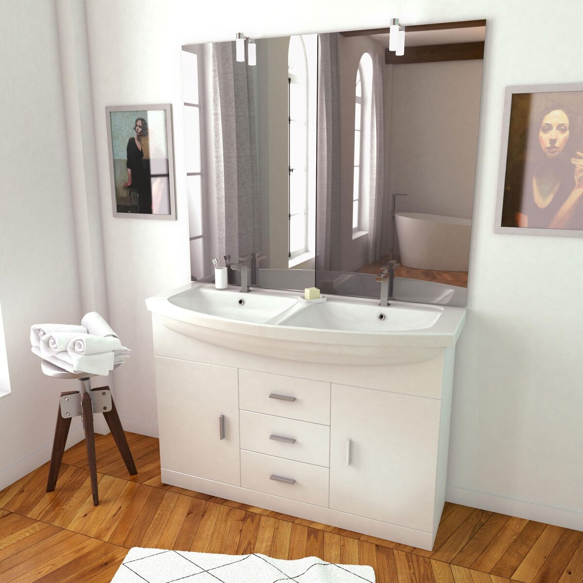 Aurlane Meuble de salle de bain blanc double vasque 120cm sur pied + vasque  ceramique blanche + miroir led pas cher 