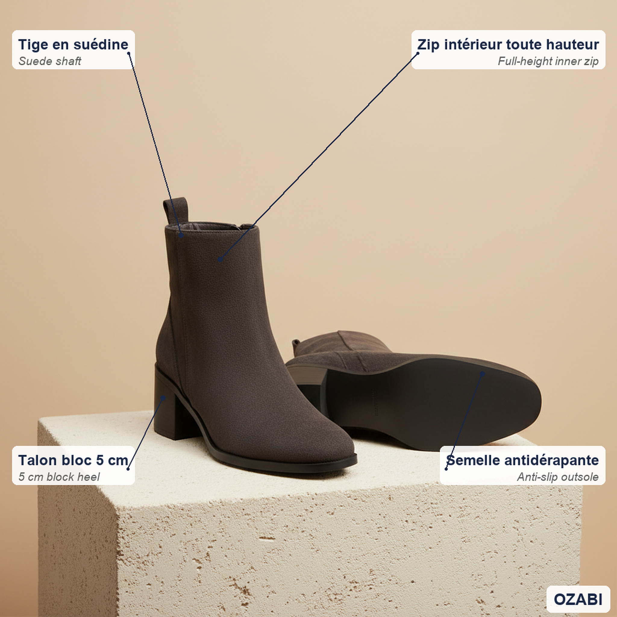 Voir la diapositive 4 : OZABI Ozabi bottines femme suédine zippée talon bloc 5 cm bout arrondi