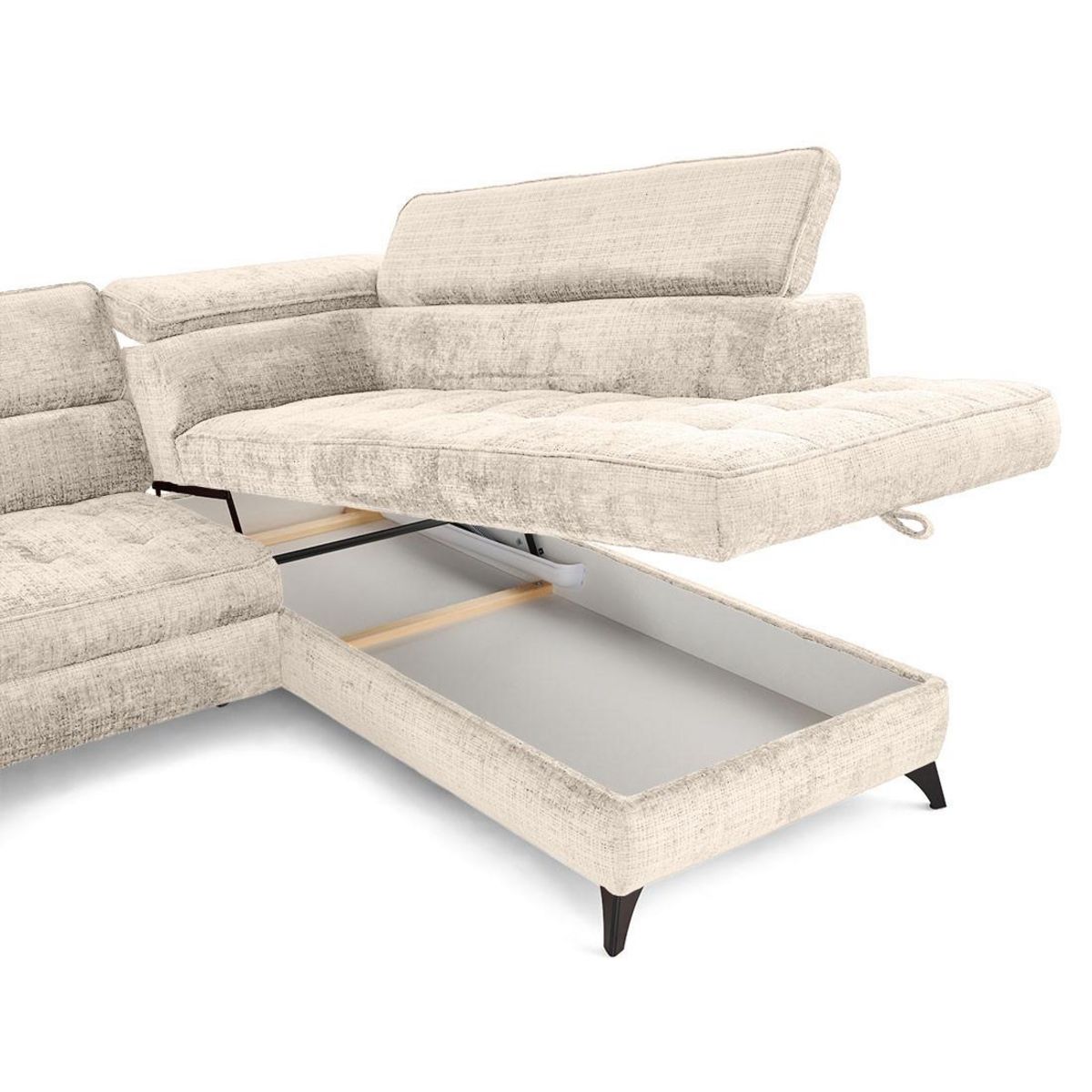 LISA DESIGN Marlo - canapé d'angle droit 5 places convertible avec coffre et têtières en velours texturé