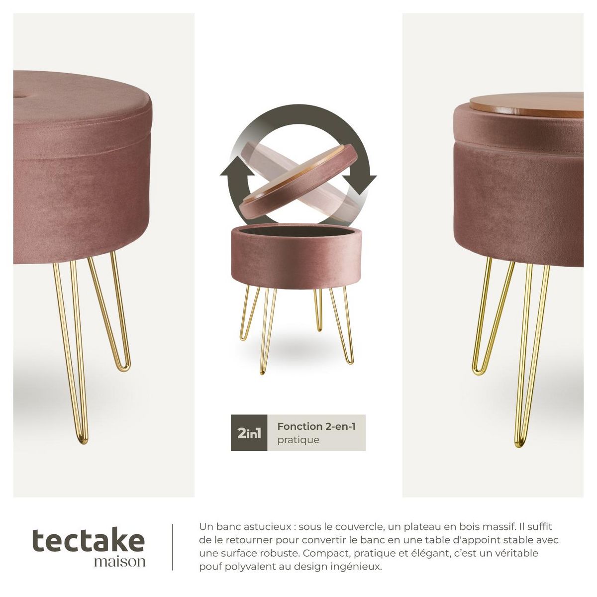 tectake Tabouret avec espace de rangement rond rose