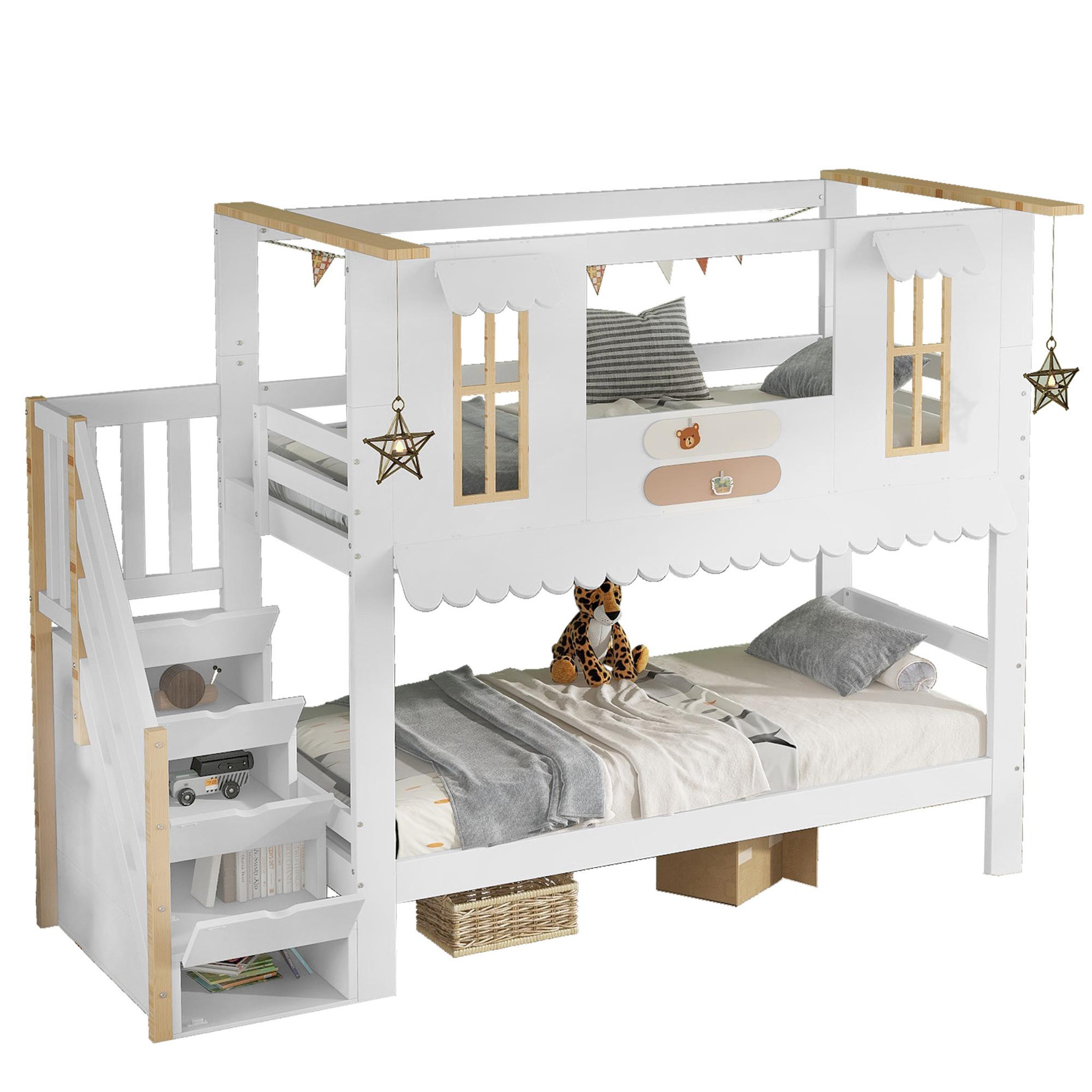 MERAX Lit superposé 90x200cm coloris blanc+naturel pin et mdf