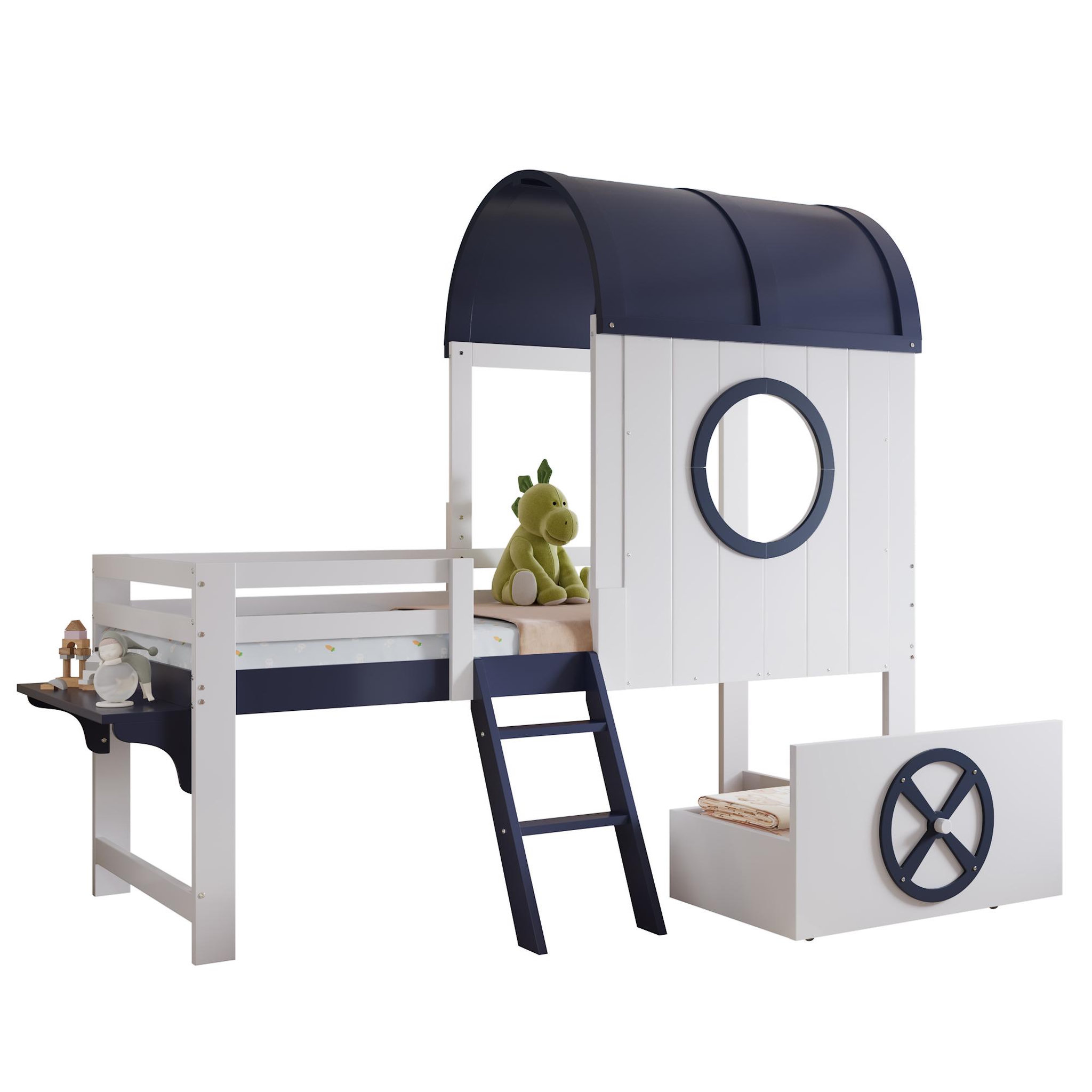 MERAX Lit enfant mi hauteur 90x200cm coloris blanc+bleu pin et mdf