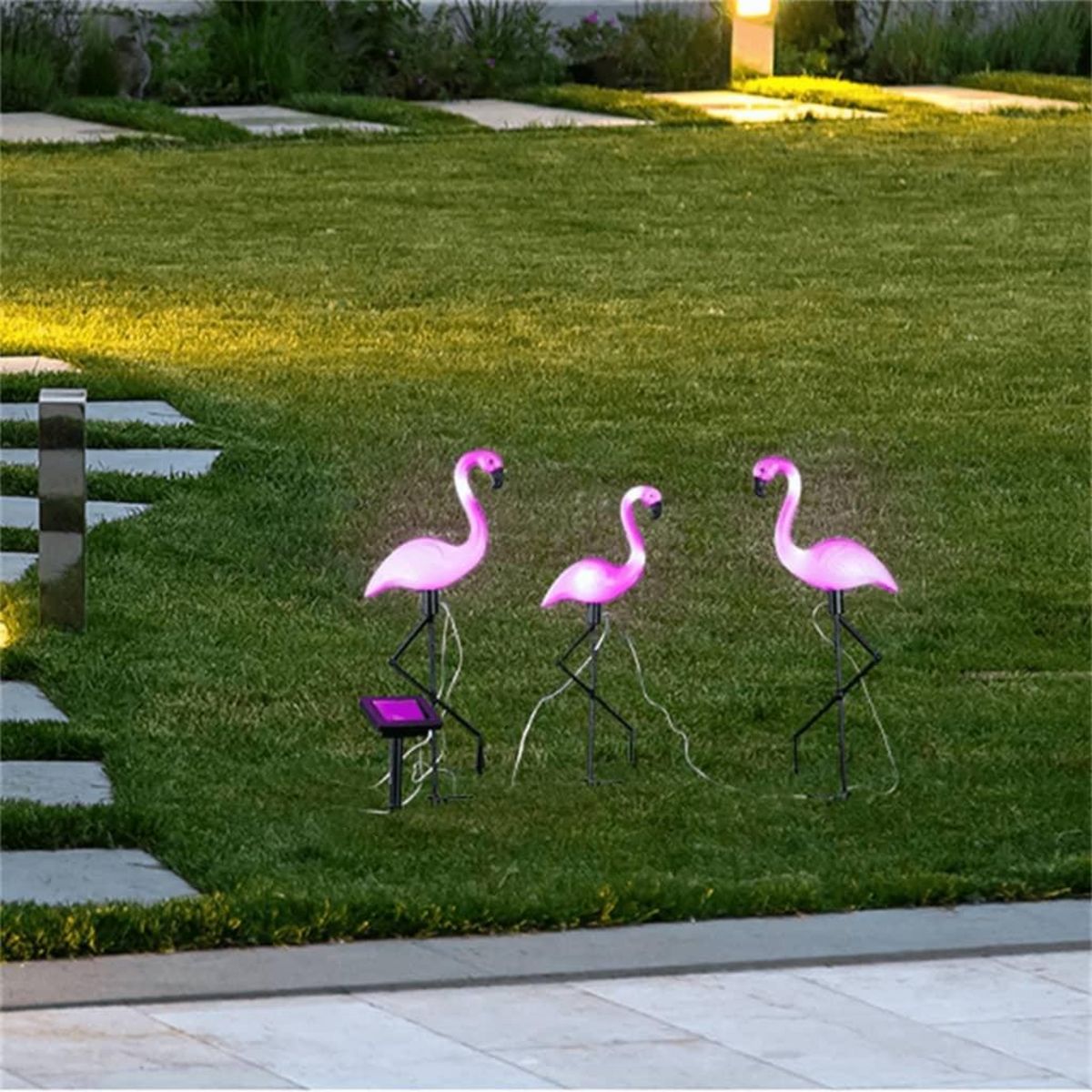 HI HI Pieu de jardin solaire a LED Flamant rose 3 pcs