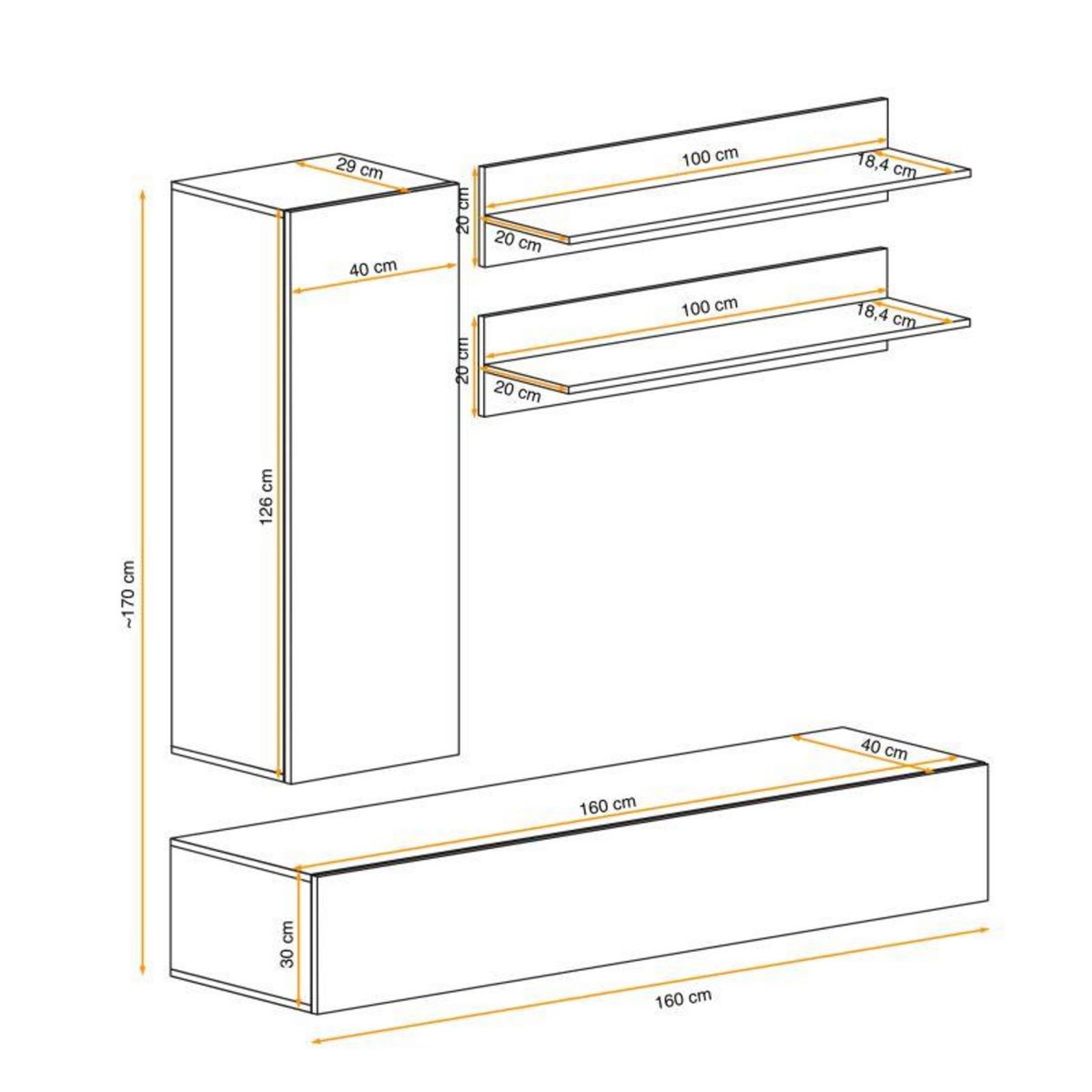 Paris Prix Meuble TV Mural Design  Fly I  170cm Noir & Blanc