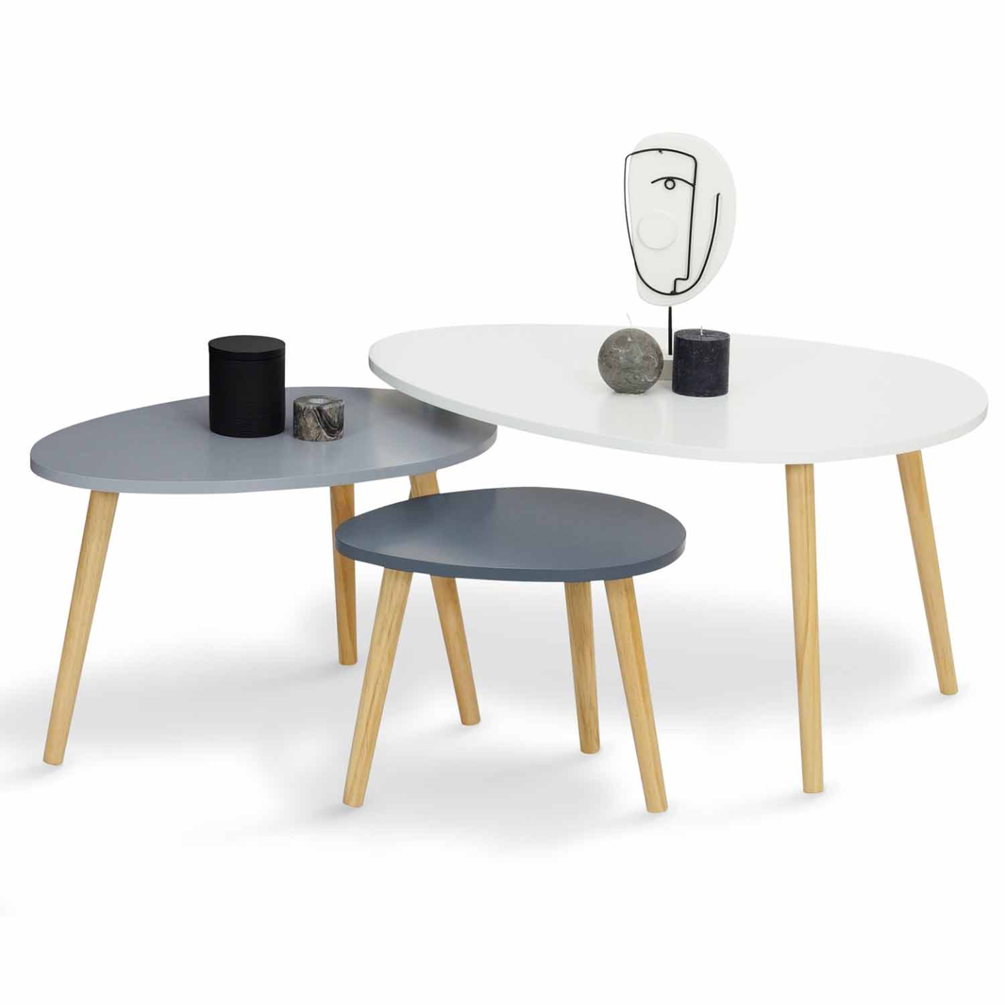 ID MARKET Lot de 3 tables basses gigognes gaia blanc gris scandinave