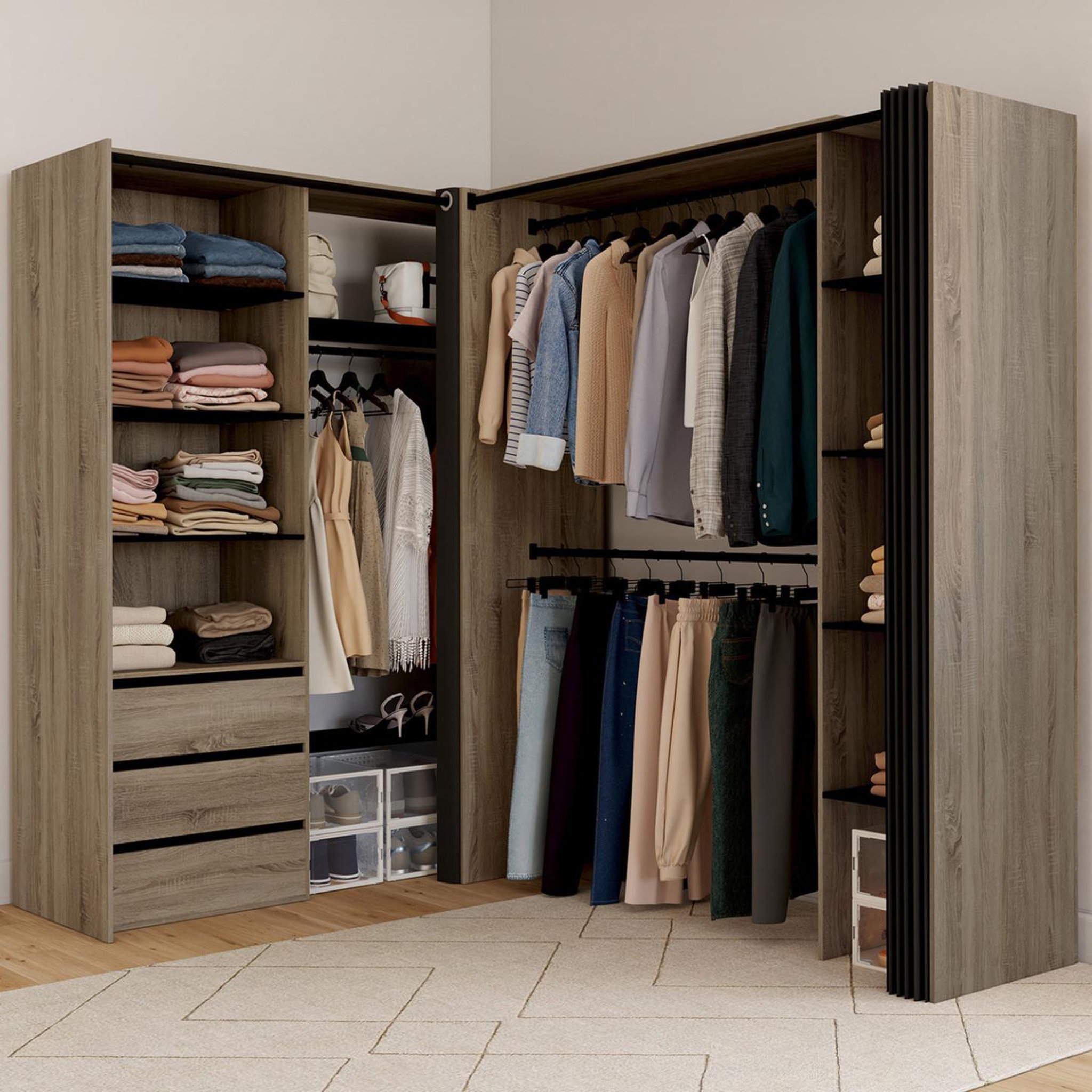 Voir la diapositive 2 : ID MARKET Dressing extensible d'angle marlon 200 x 150 x 180 cm hêtre avec penderies + tiroirs + étagères + rideaux noirs
