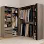 Voir la diapositive 2 : ID MARKET Dressing extensible d'angle MARLON 200 x 150 x 180 cm hêtre avec penderies + tiroirs + étagères + rideaux noirs