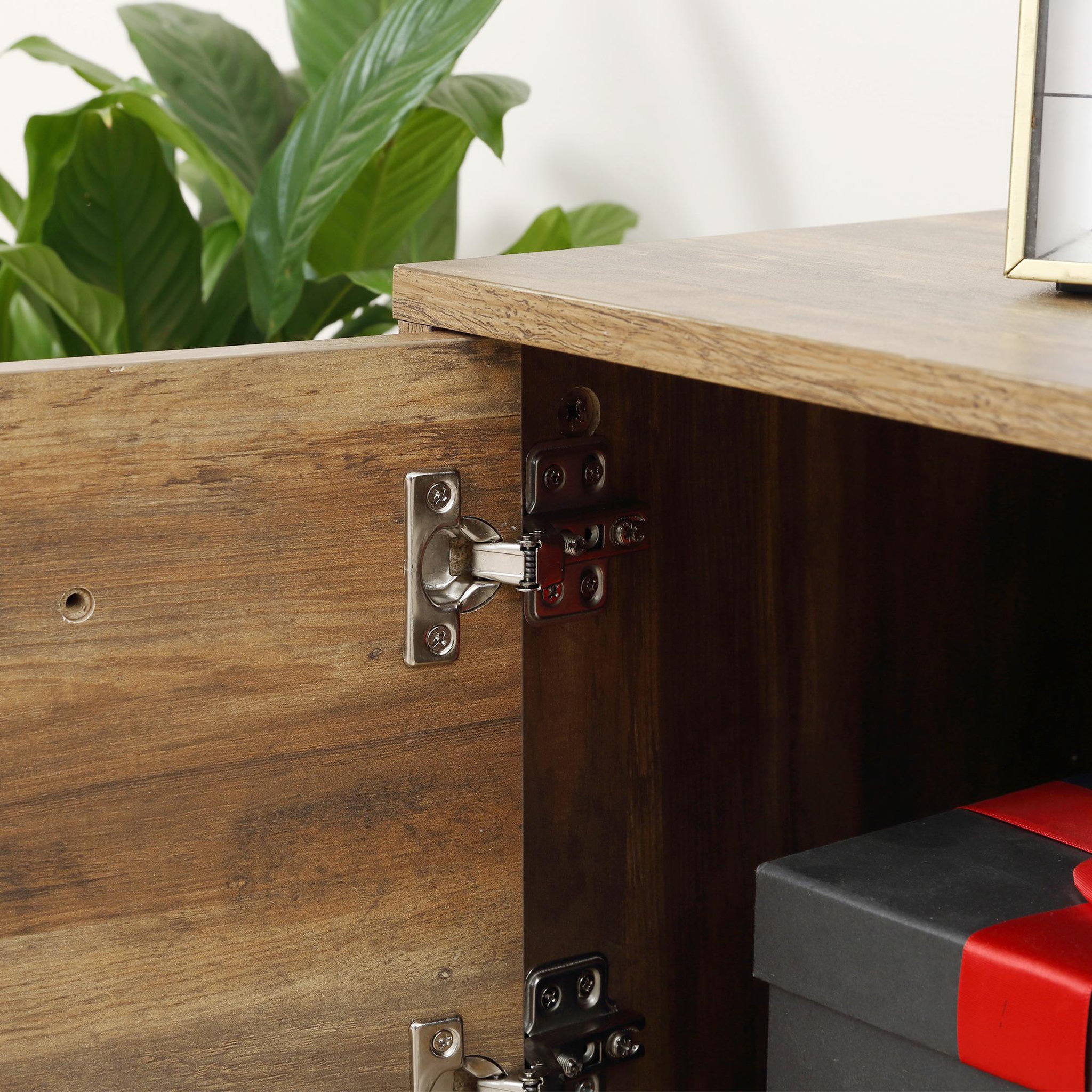 Voir la diapositive 6 : HOMCOM Meuble TV banc TV design industriel - porte, 2 tiroirs, 2 niches - piètement acier noir - aspect bois de manguier