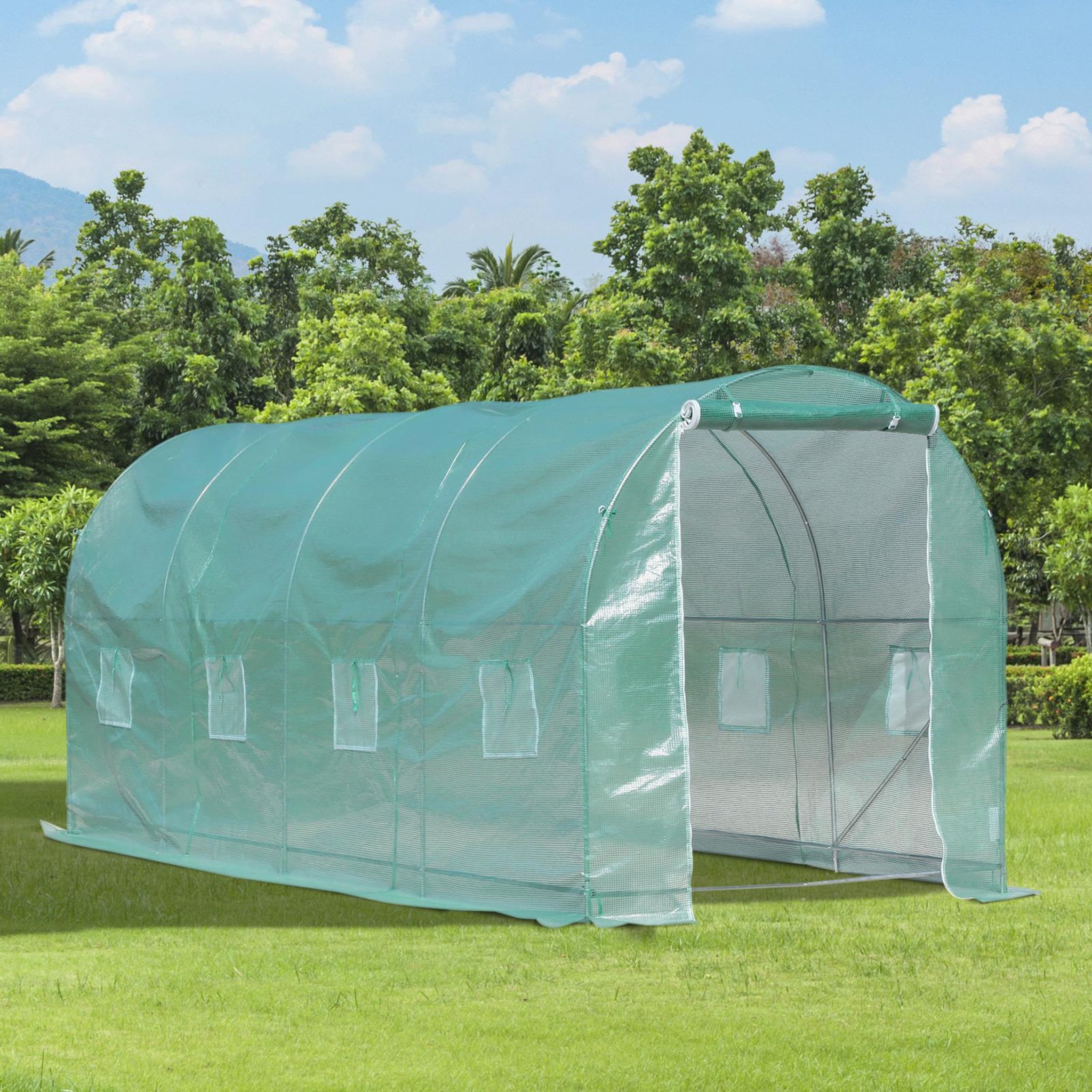 Voir la diapositive 2 : OUTSUNNY Serre de jardin tunnel surface sol 10 m² 5l x 2l x 2,10h m châssis tubulaire renforcé porte zippée 8 fenêtres enroulables vert