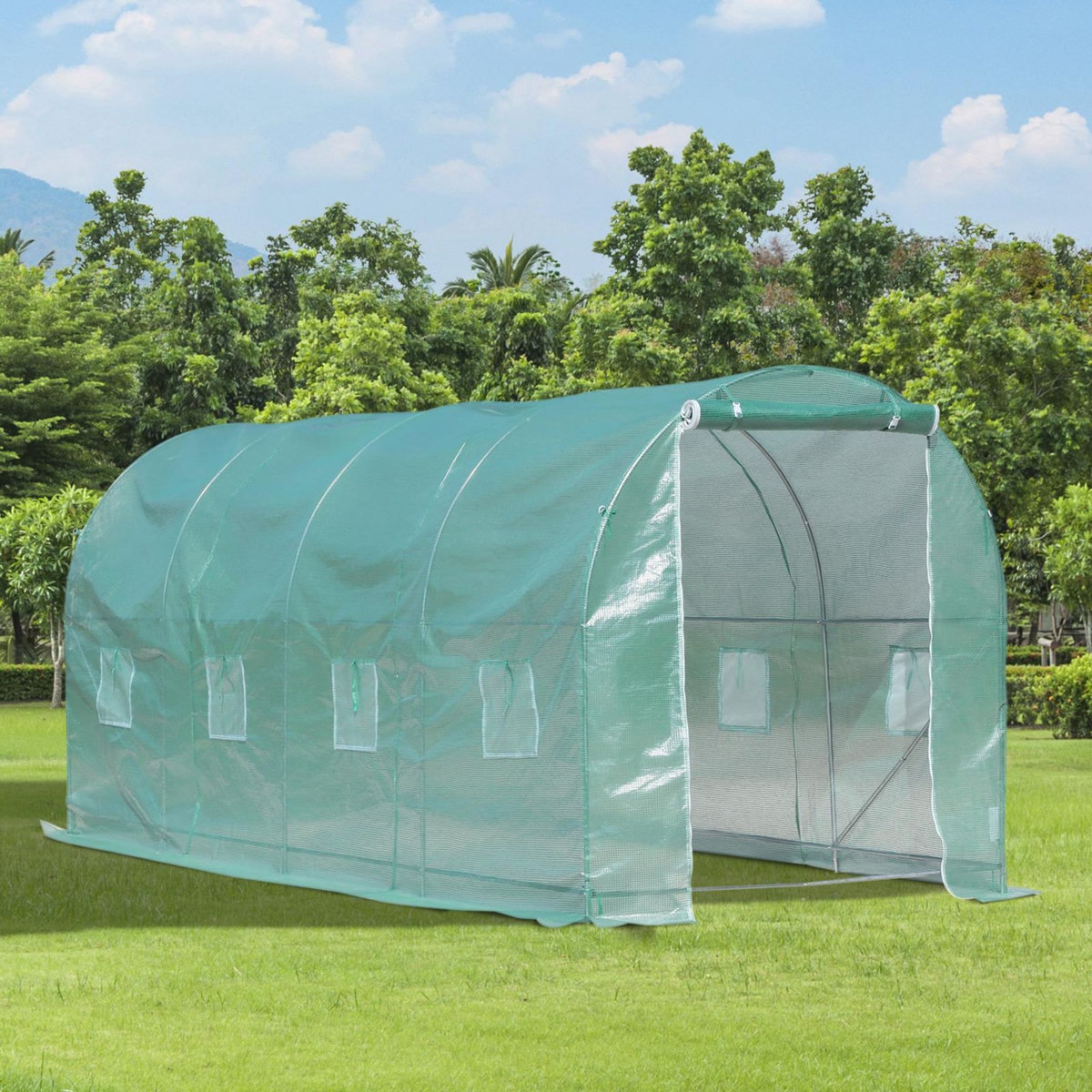 OUTSUNNY Serre de jardin tunnel surface sol 10 m² 5L x 2l x 2,10H m châssis tubulaire renforcé porte zippée 8 fenêtres enroulables vert