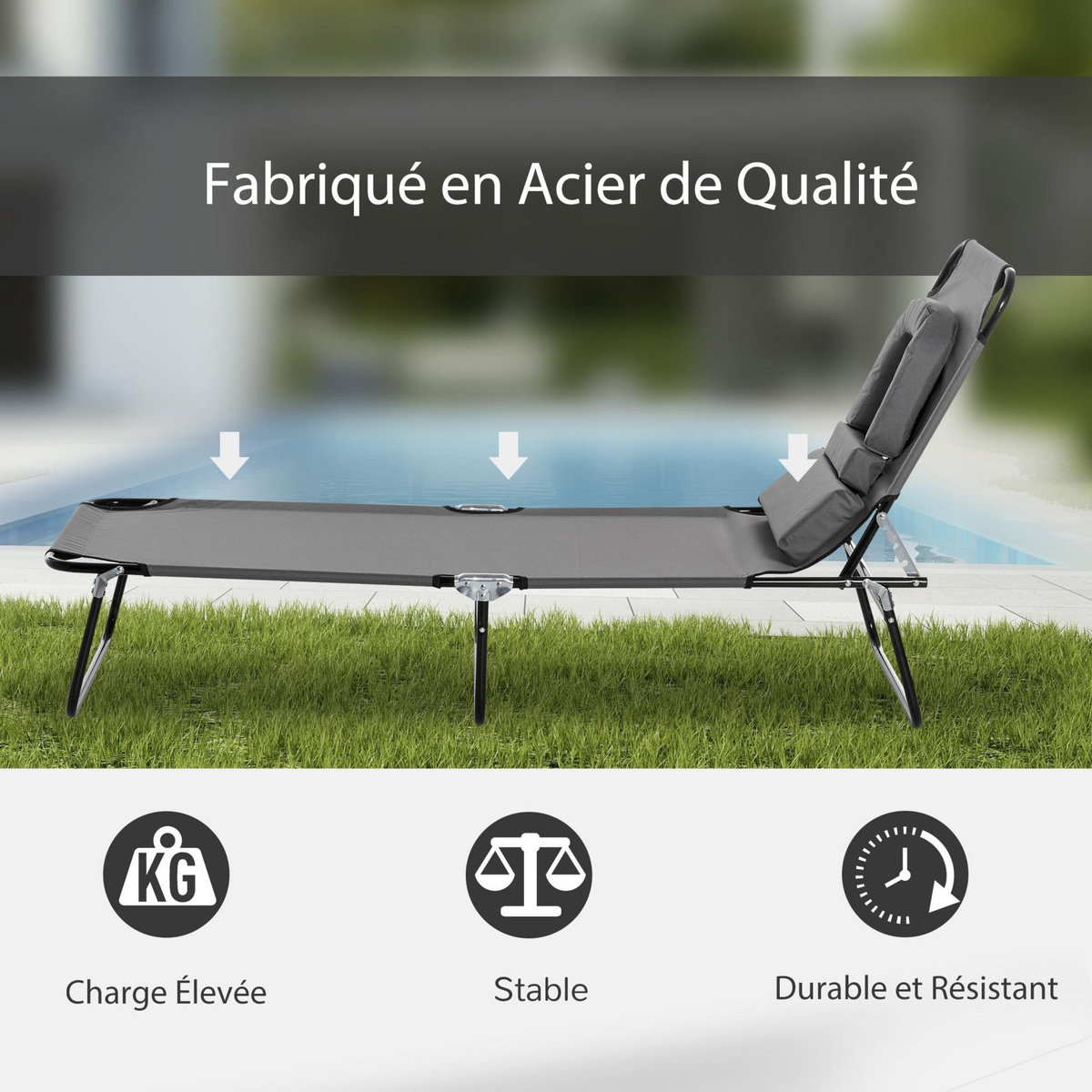 OUTSUNNY Bain de soleil pliable transat inclinable 4 positions chaise longue de lecture 3 coussins fournis gris