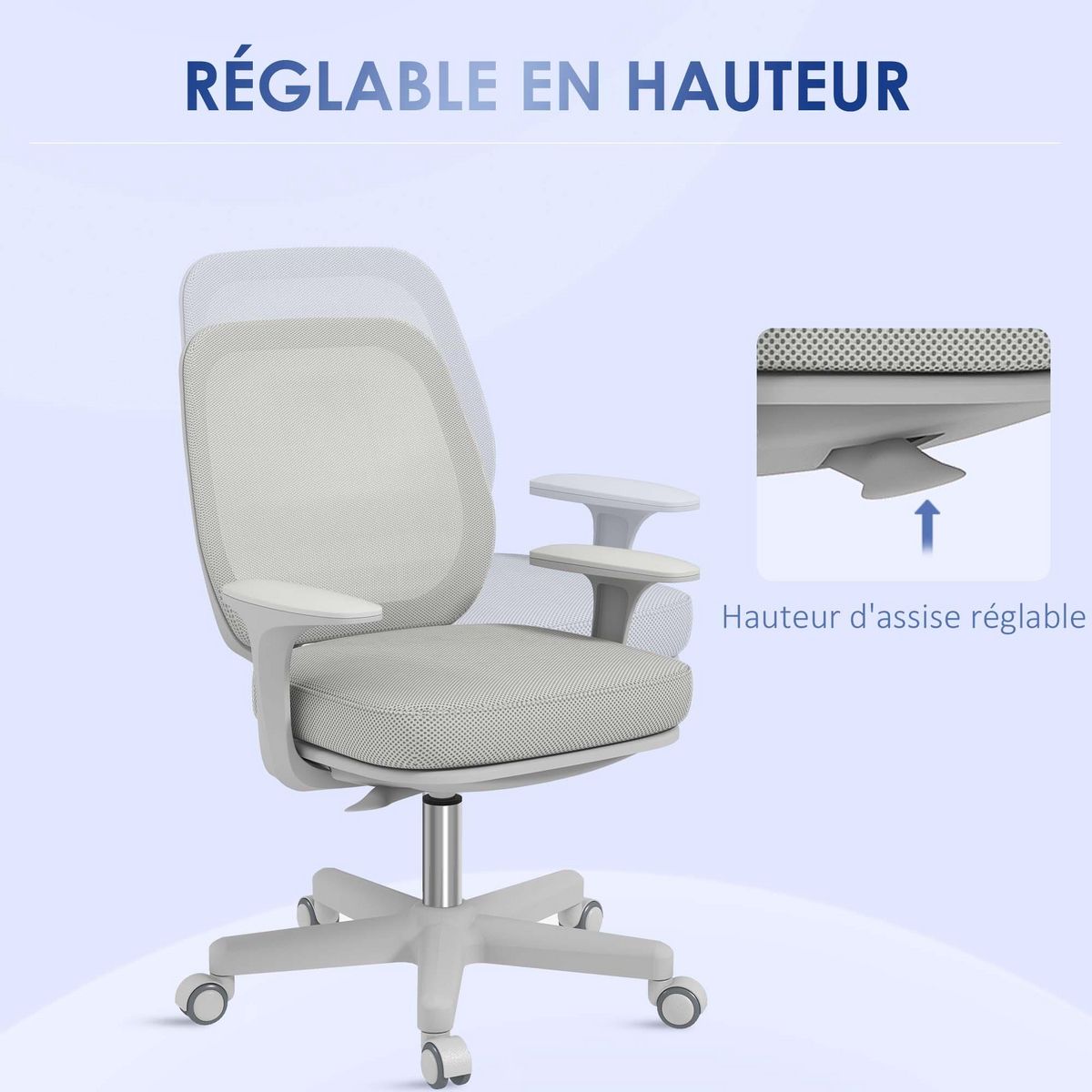 VINSETTO Chaise de bureau ergonomique hauteur réglable pivotante 360° revêtement maille gris