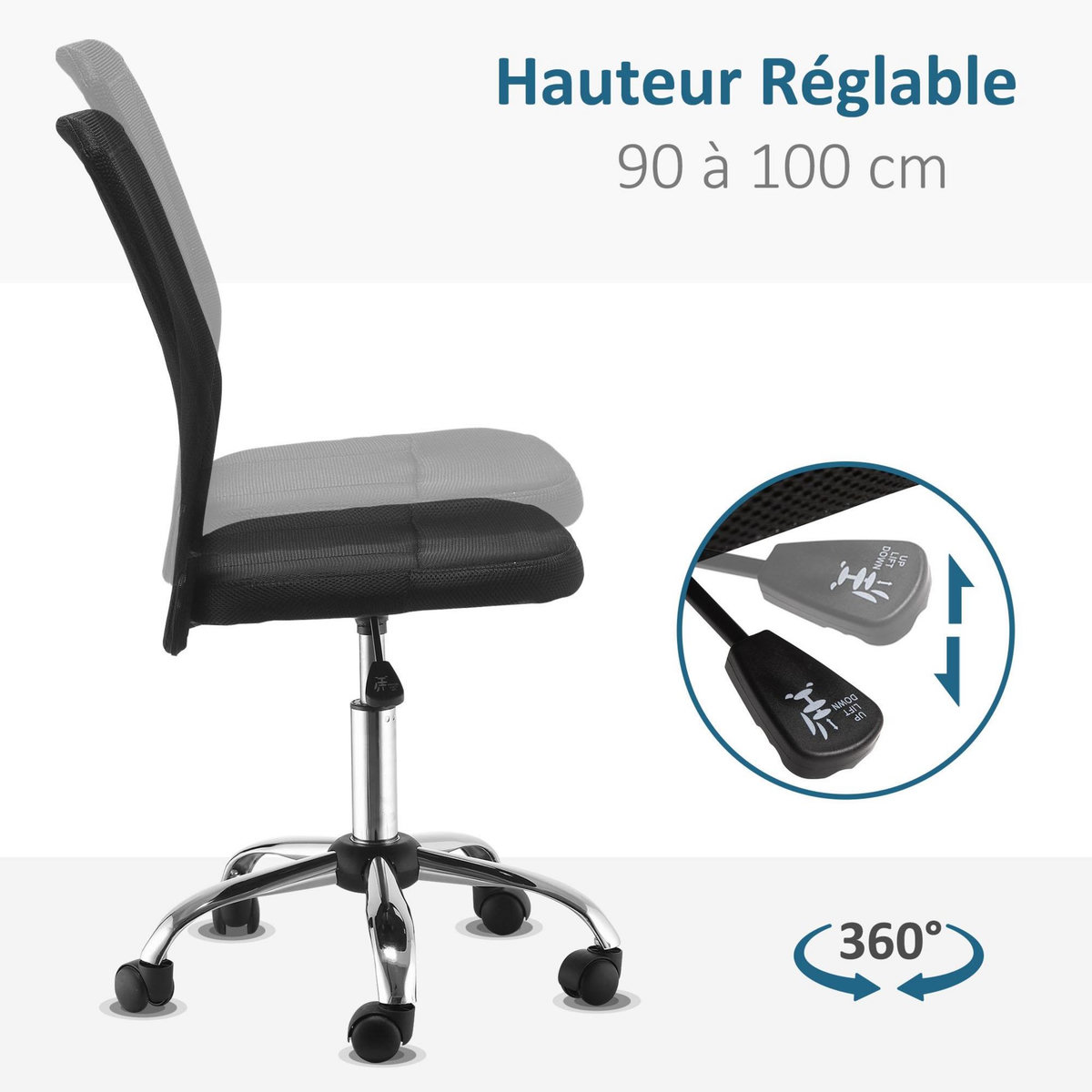 VINSETTO Vinsetto Chaise de bureau ergonomique hauteur réglable piètement chromé pivotant 360° revêtement maille noir
