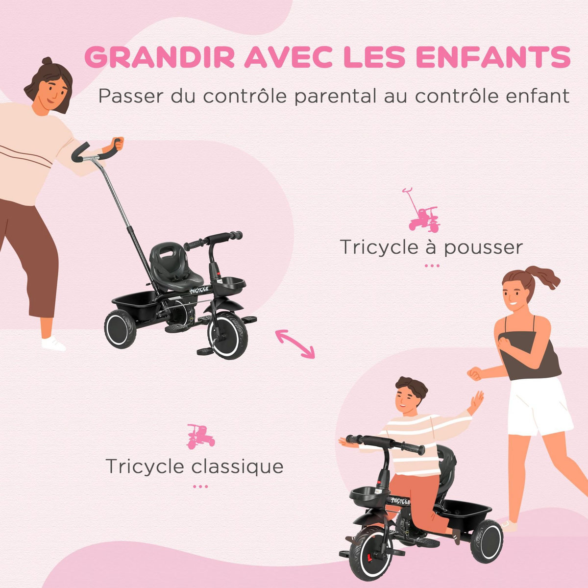 HOMCOM Tricycle 2 en 1 pour enfants avec poignée de poussée réglable, 2 paniers et pédales - pour 18 mois - 5 ans - noir