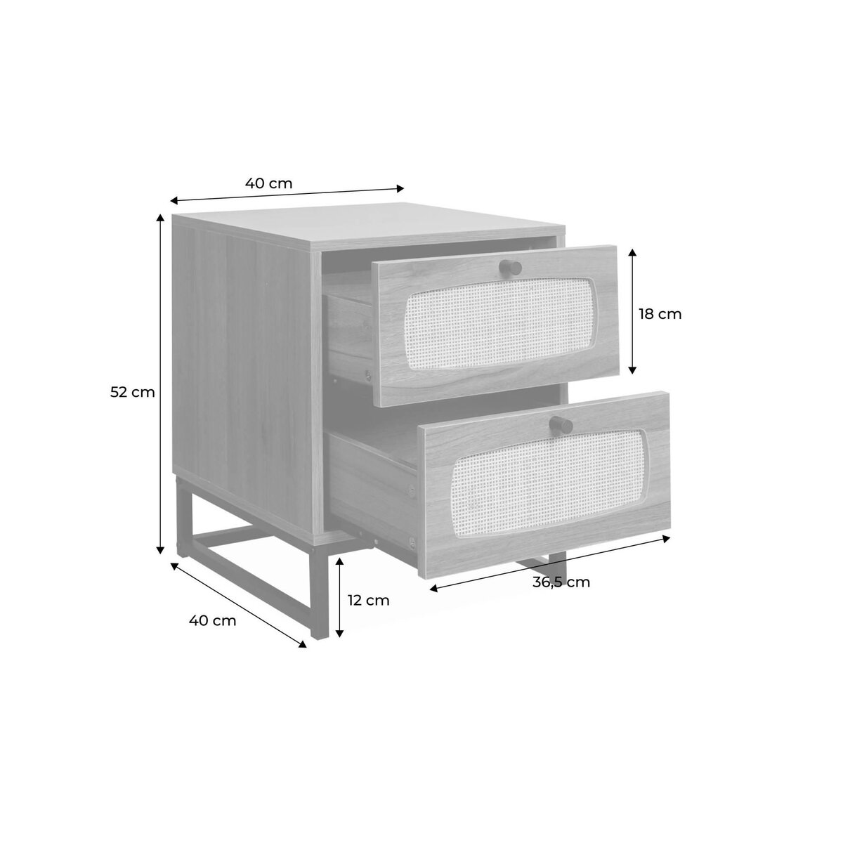 SWEEEK Table de chevet en décor bois et cannage avec pieds et poignées en métal noir