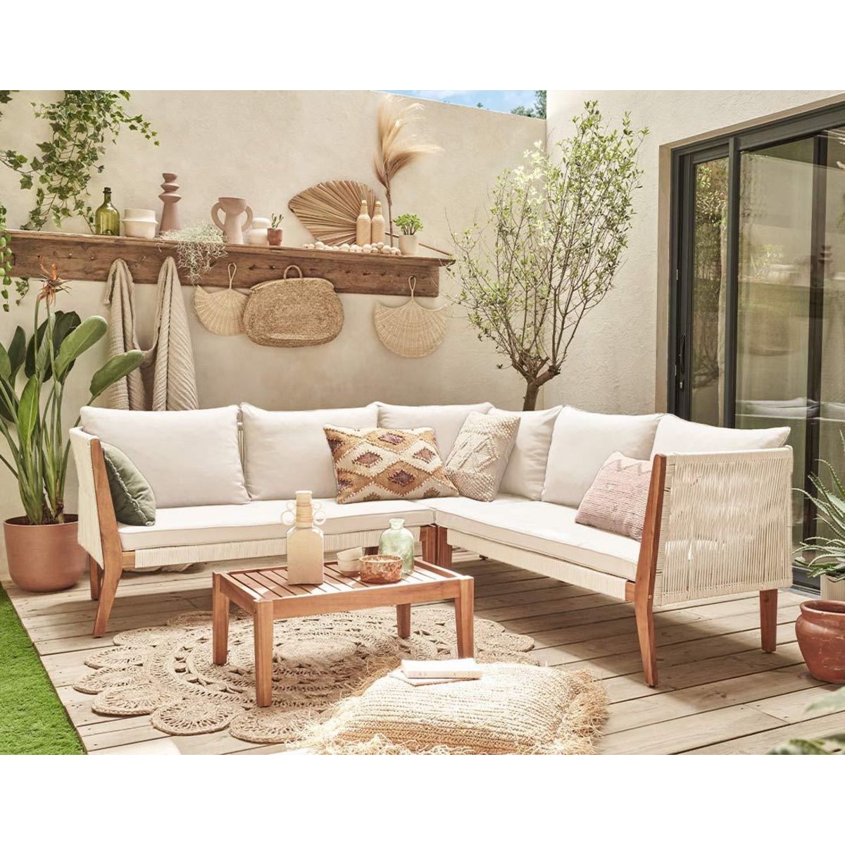 BEST MOBILIER Papua - salon bas de jardin 5 places - bois, corde et coussins beiges