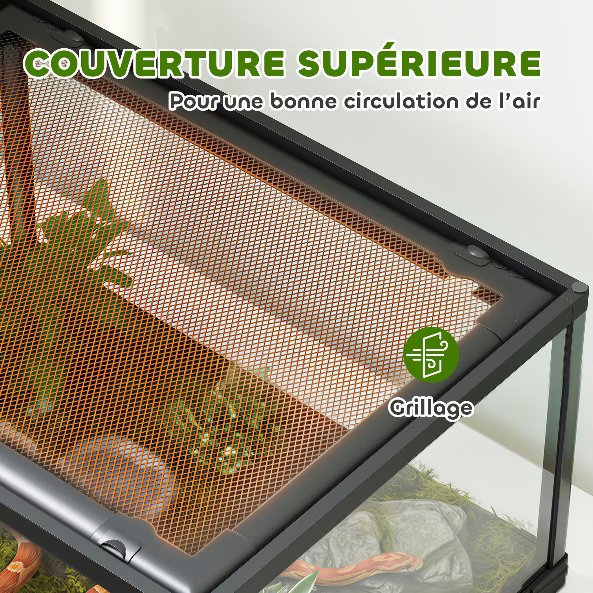 Voir la diapositive 6 : PAWHUT Terrarium 86L - toit maillé et porte coulissante verrouillable - 50x30x35cm - alu noir verre