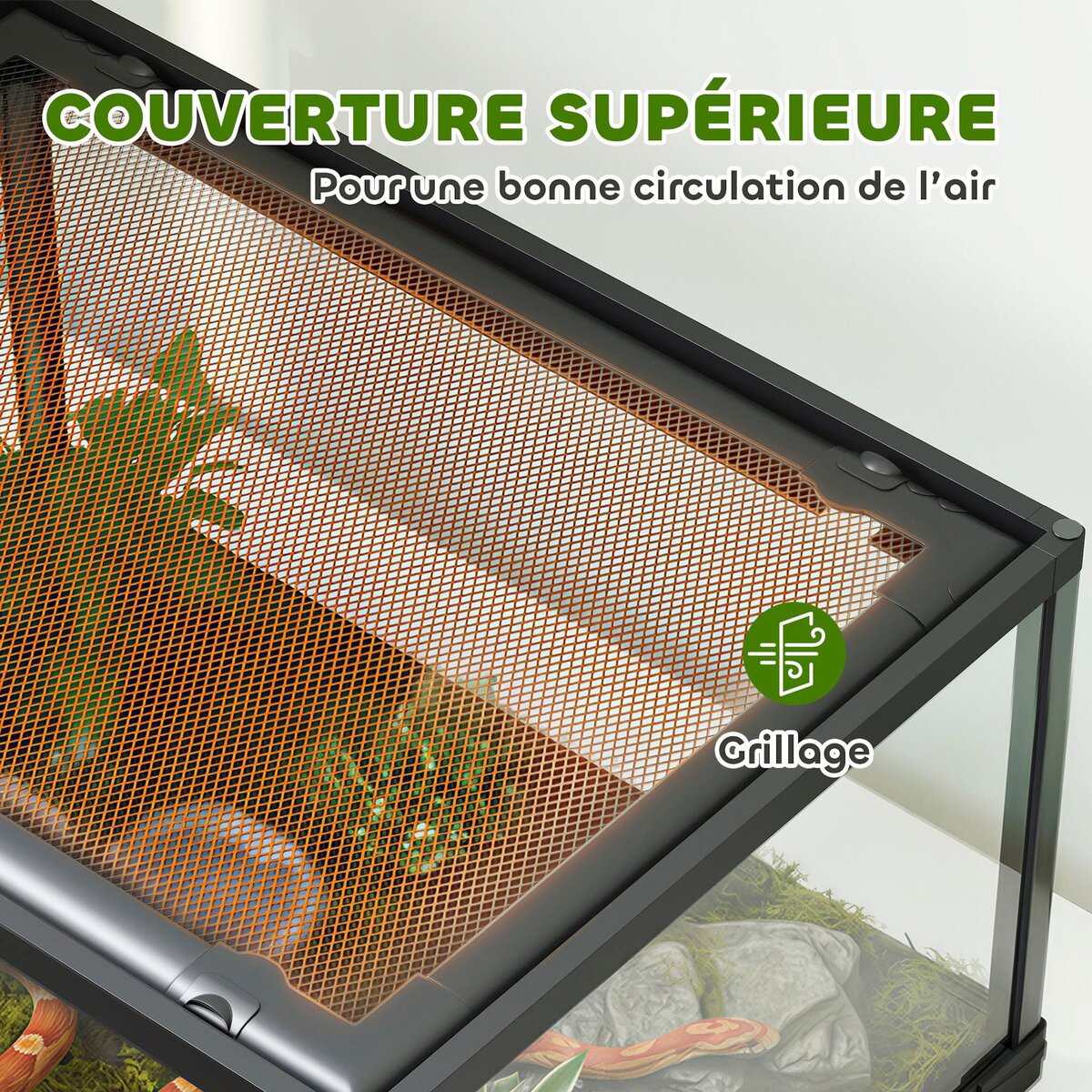PAWHUT Terrarium 86L - toit maillé et porte coulissante verrouillable - 50x30x35cm - alu noir verre