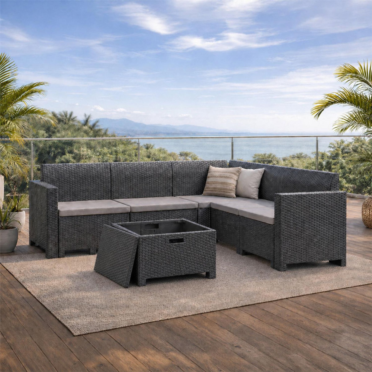 CONCEPT USINE Salon de jardin 4-5 places effet résine tressée gris anthracite avec table basse ISPARTA