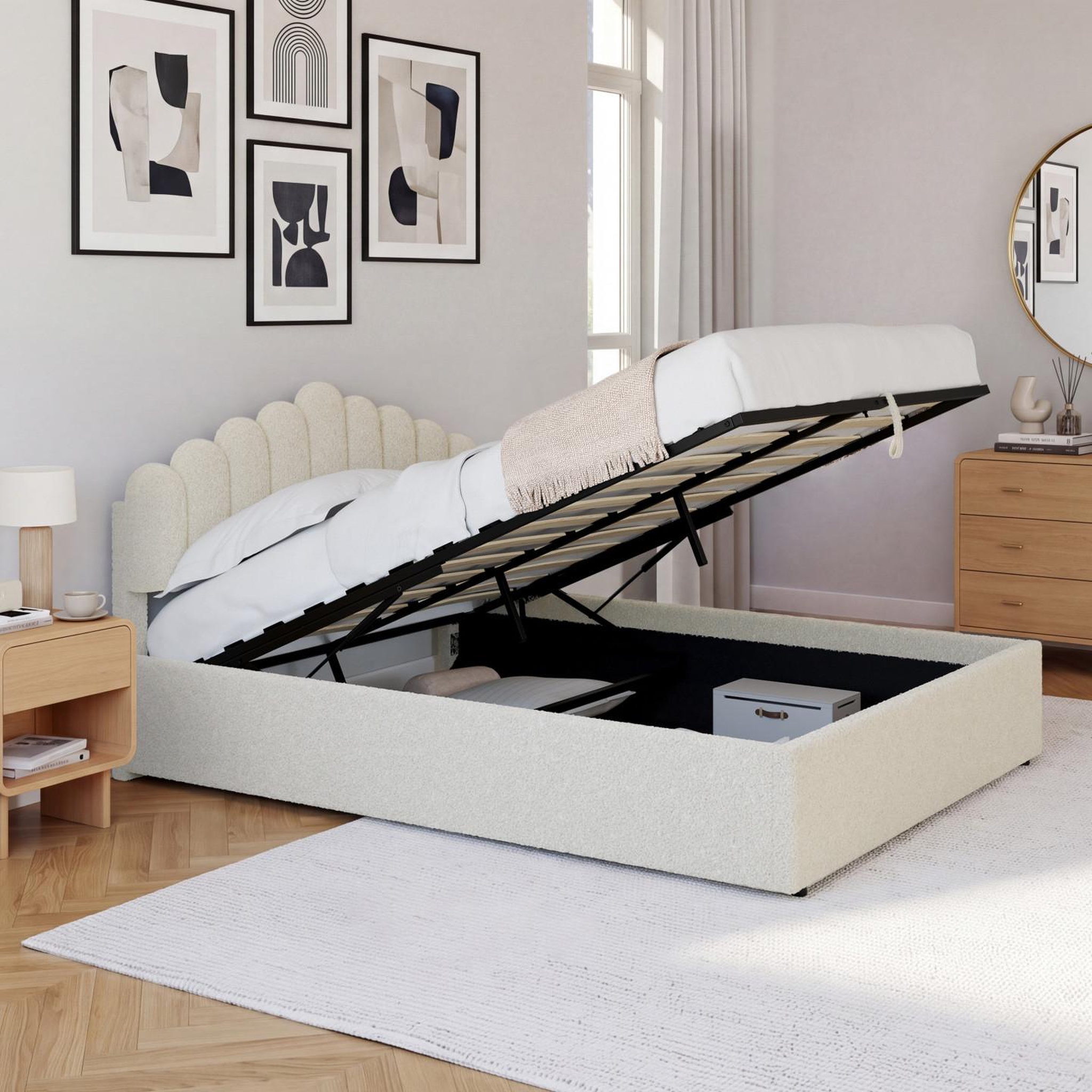 Voir la diapositive 2 : ID MARKET Lit coffre double noelie avec tête de lit et sommier 140 x 190 cm tissu bouclette blanc