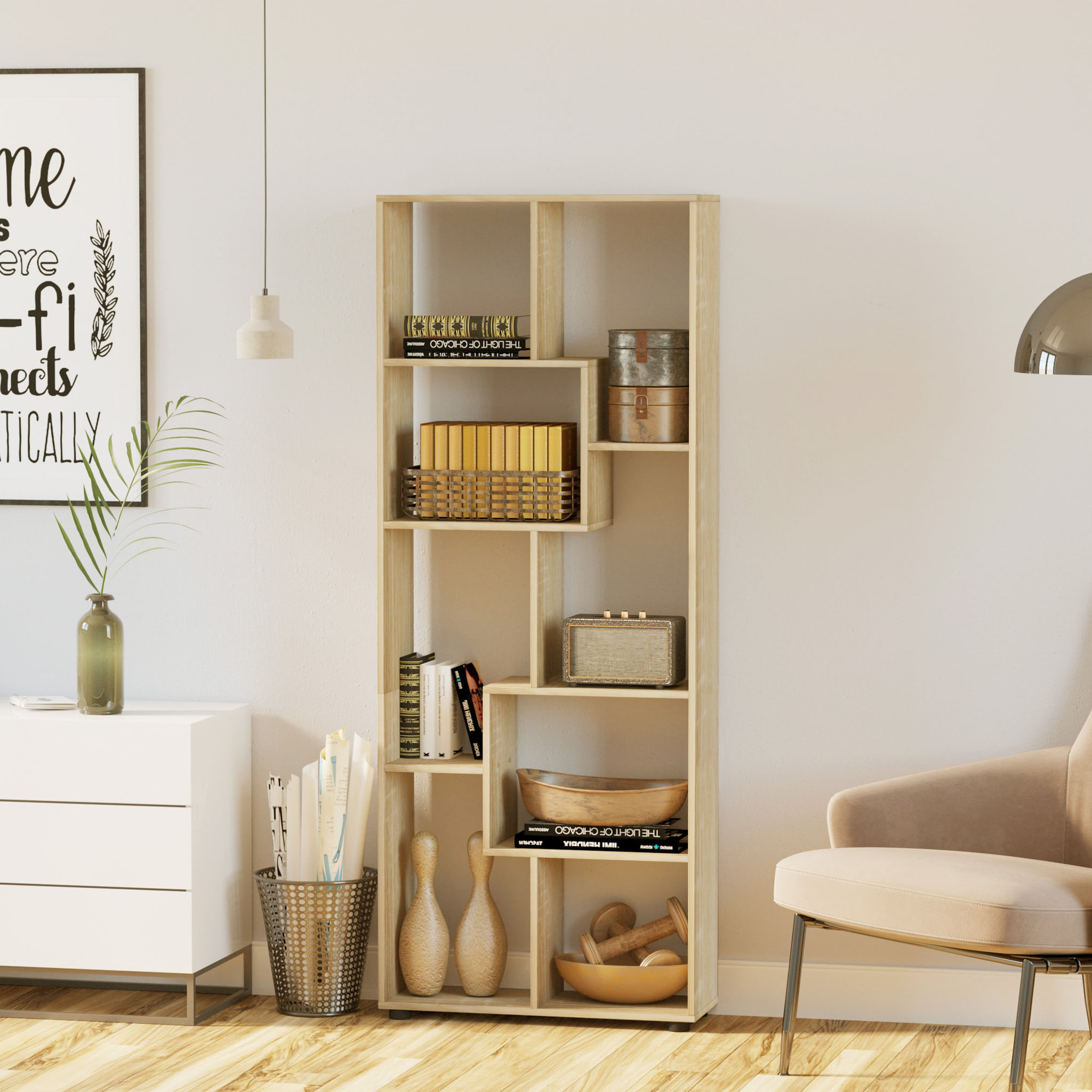 Voir la diapositive 3 : HOMCOM Bibliothèque étagère meuble de rangement dim. 70L x 24l x 178H cm en zigazag et 8 espaces en panneau de particules naturel