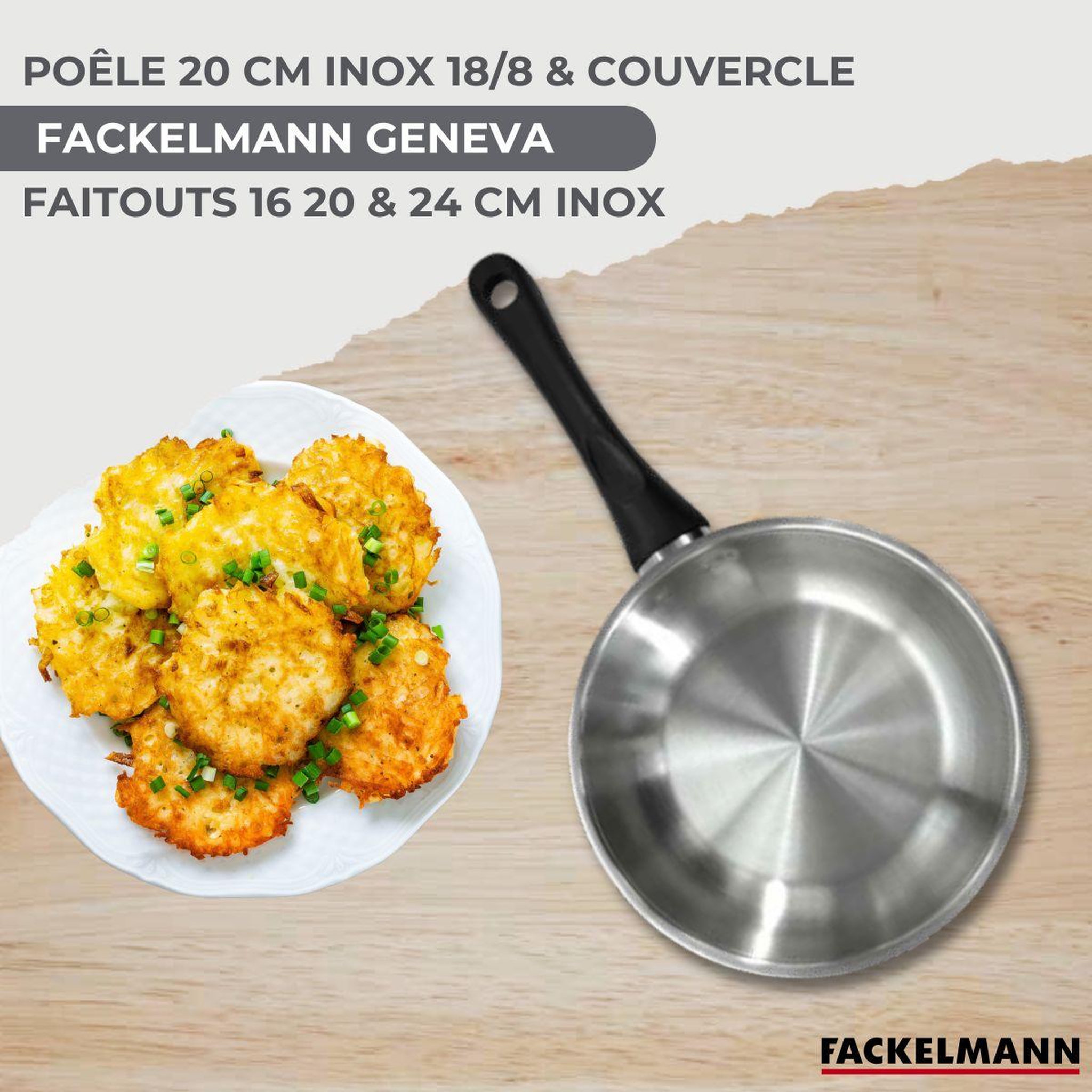 Voir la diapositive 2 : Fackelmann Batterie de cuisine avec 1 poêle 20 cm et 3 faitouts 16/20/24 cm avec 7 ustensiles de cuisine fackelmann généva brillant oxford avec couvercles