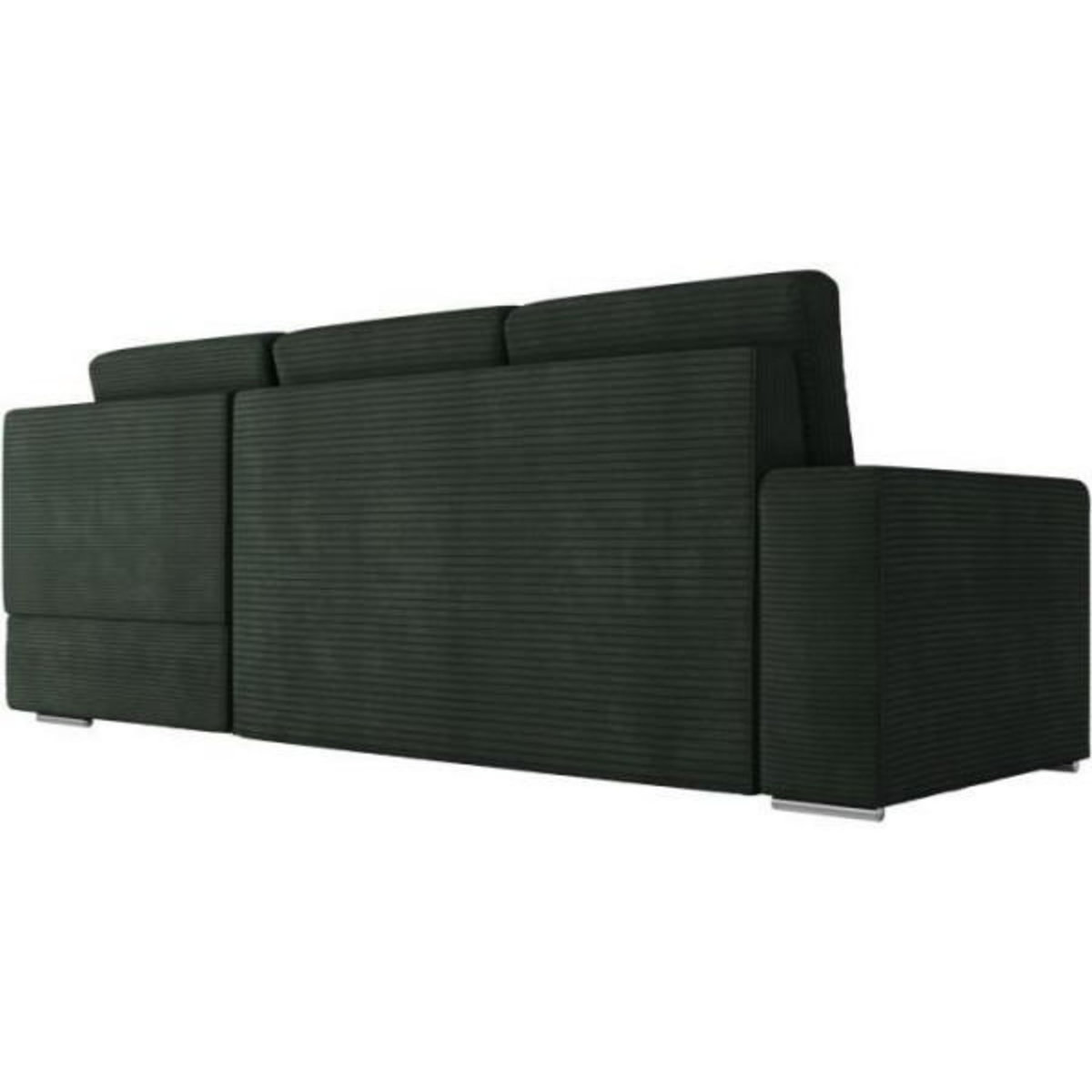 LOUNGITUDE Canapé d'angle droit 3 places convertible ADEN avec coffre en velours côtelé - Vert foncé - L246 x P174 x H96cm - LOUNGITUDE