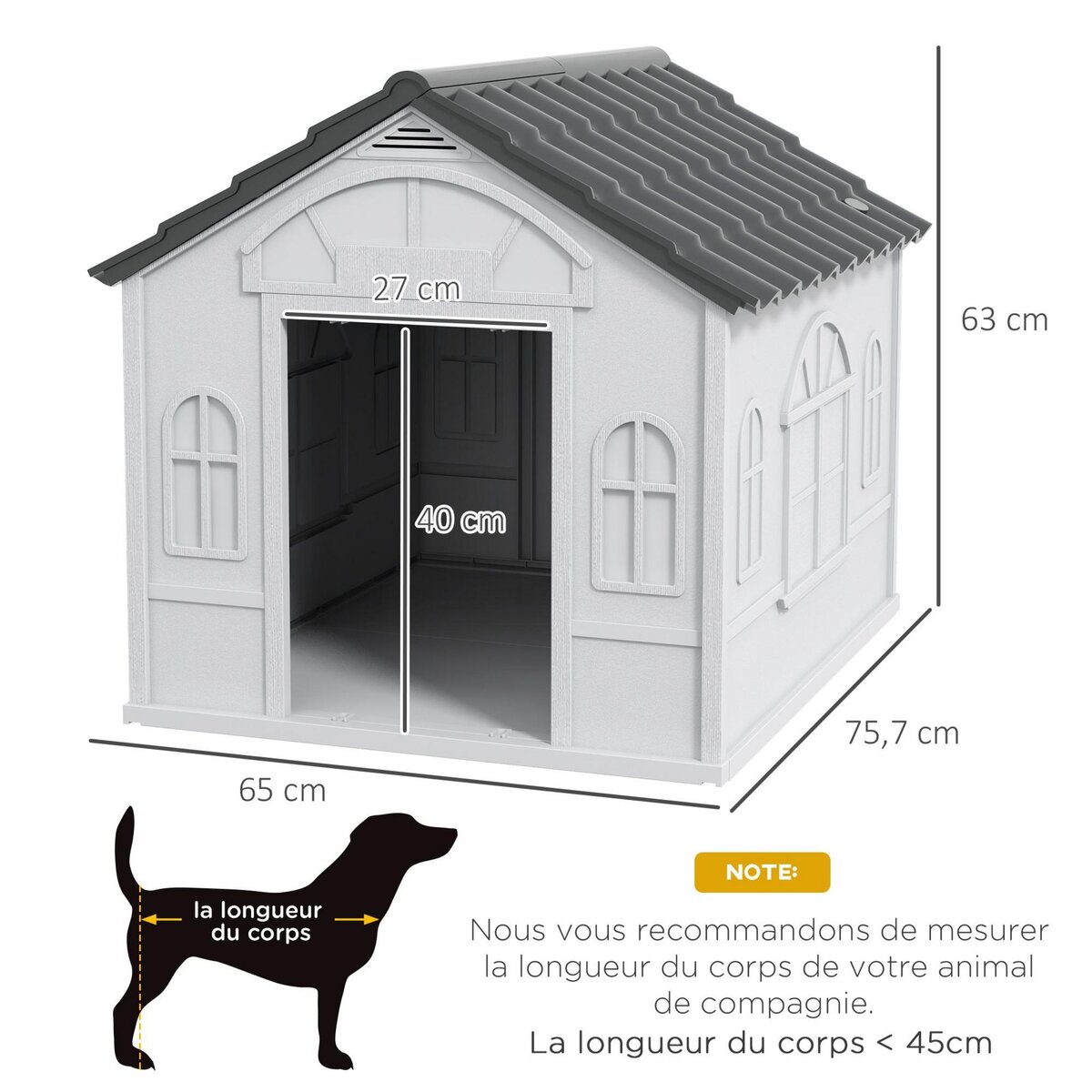PAWHUT Niche chien style cottage dim. 65L x 75l x 63H cm - motifs fenêtres, porte, aération - PP blanc gris