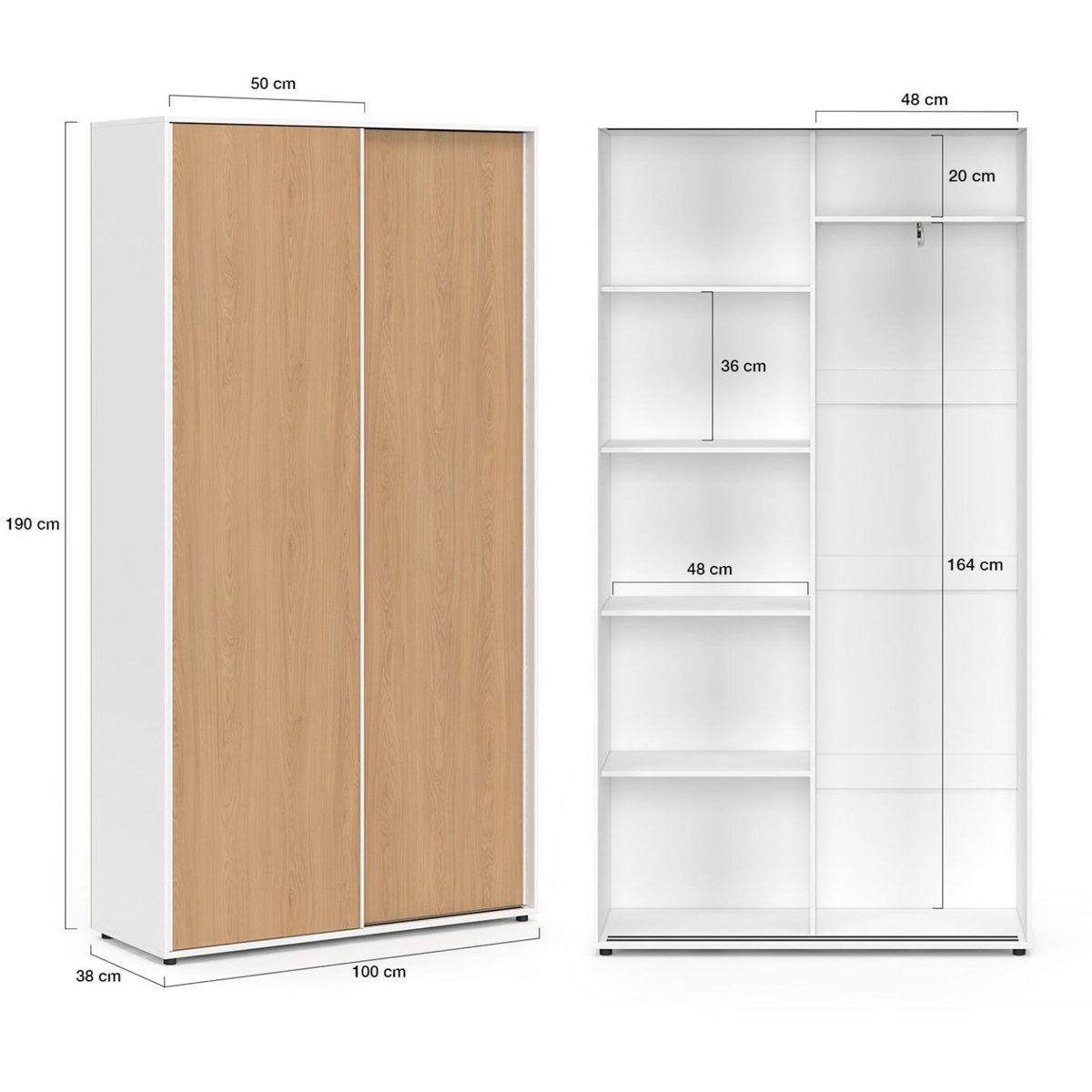 ID MARKET Armoire 2 portes coulissantes SLIDEA blanc et bois penderie 100 cm avec étagères rangement maxi capacité