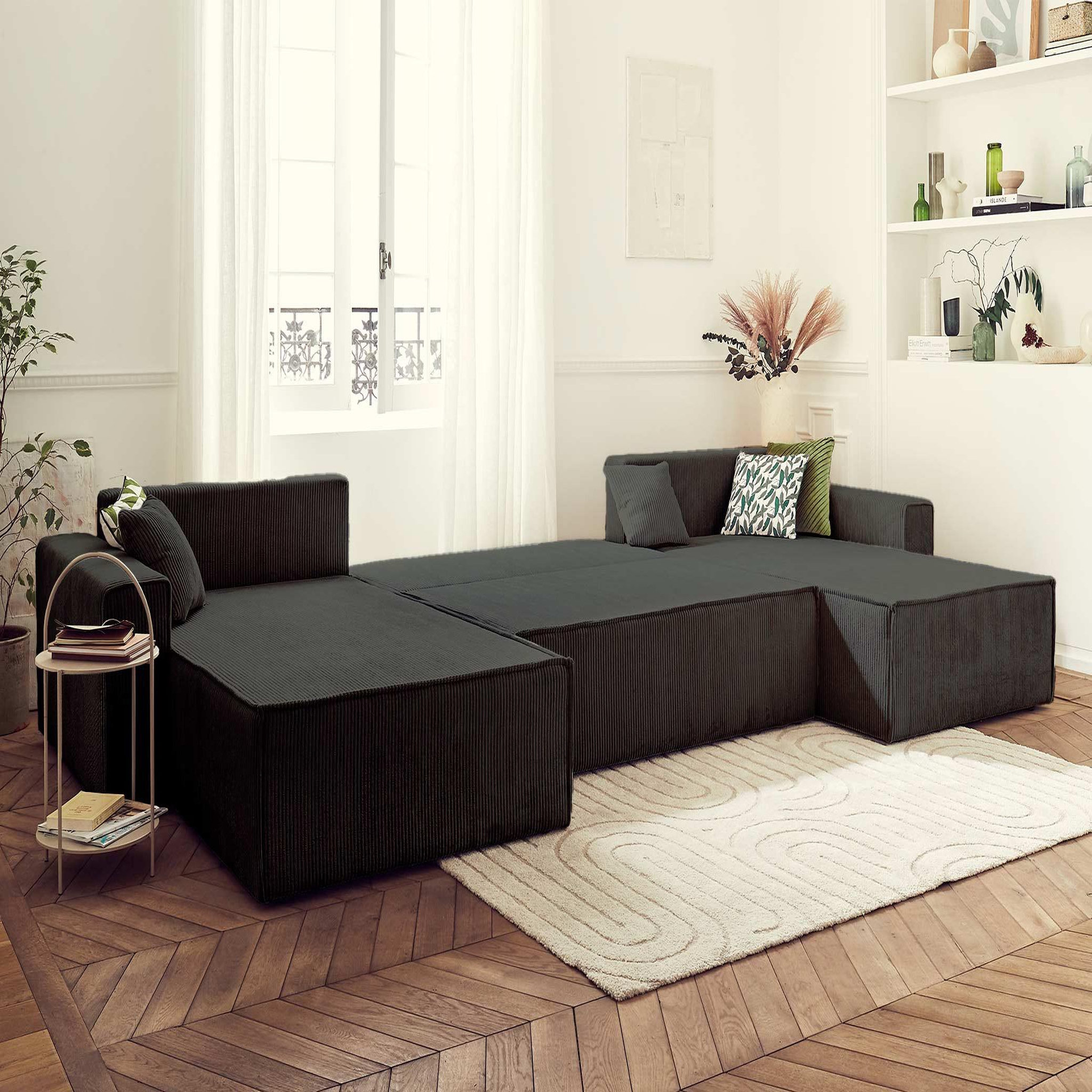 Voir la diapositive 2 : BEST MOBILIER Dellia - canapé panoramique en u - 7 places - convertible - avec coffre - en velours côtelé