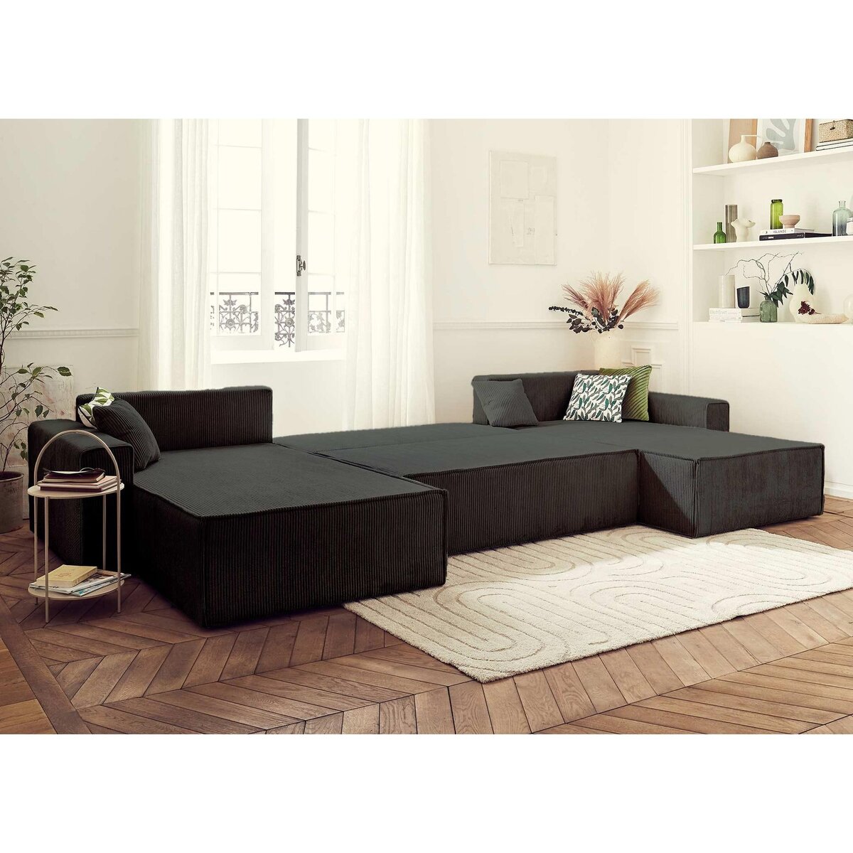 BEST MOBILIER Dellia - canapé panoramique en u - 7 places - convertible - avec coffre - en velours côtelé